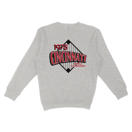 Gray crewneck sweatshirt featuring a vintage Cincinnati 1975 World Champions graphic with a bridge design and bold red, black, and white text.
