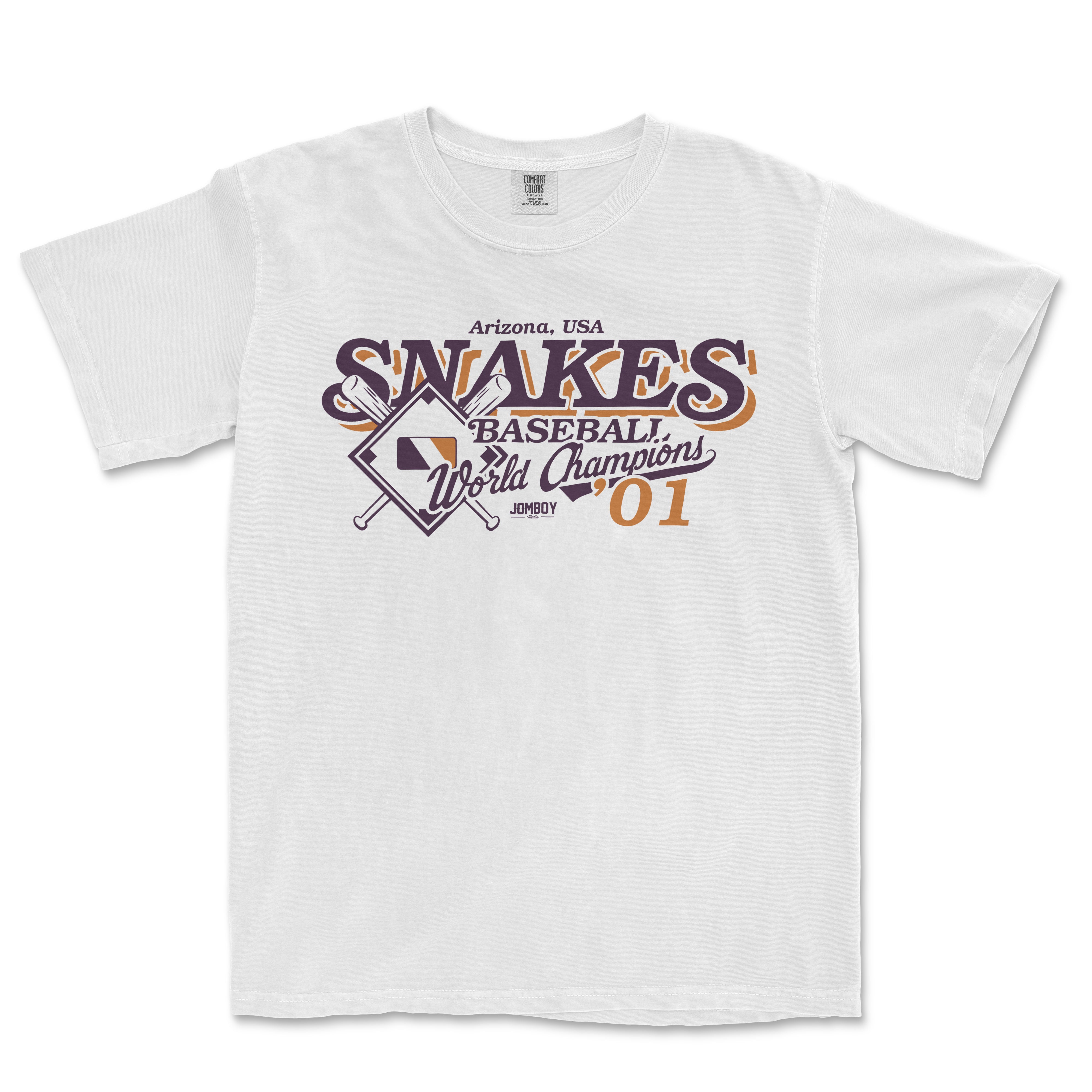 White Comfort Colors T-shirt featuring vintage-style "ARIZ City" SNAKES Baseball World Champions 2001 graphic design.