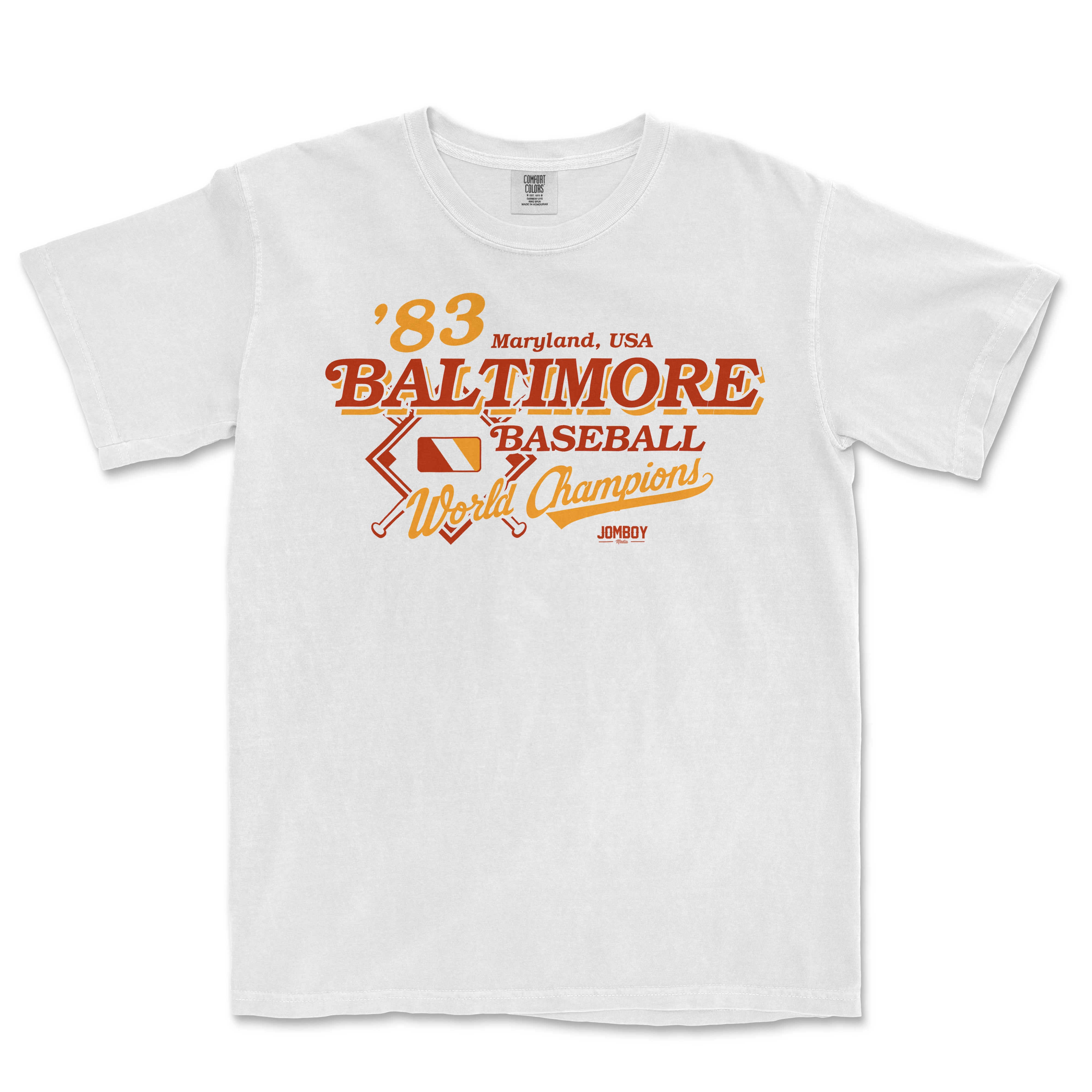 White Comfort Colors tee featuring vintage Baltimore Orioles baseball team logo, text, and "World Champions" design.