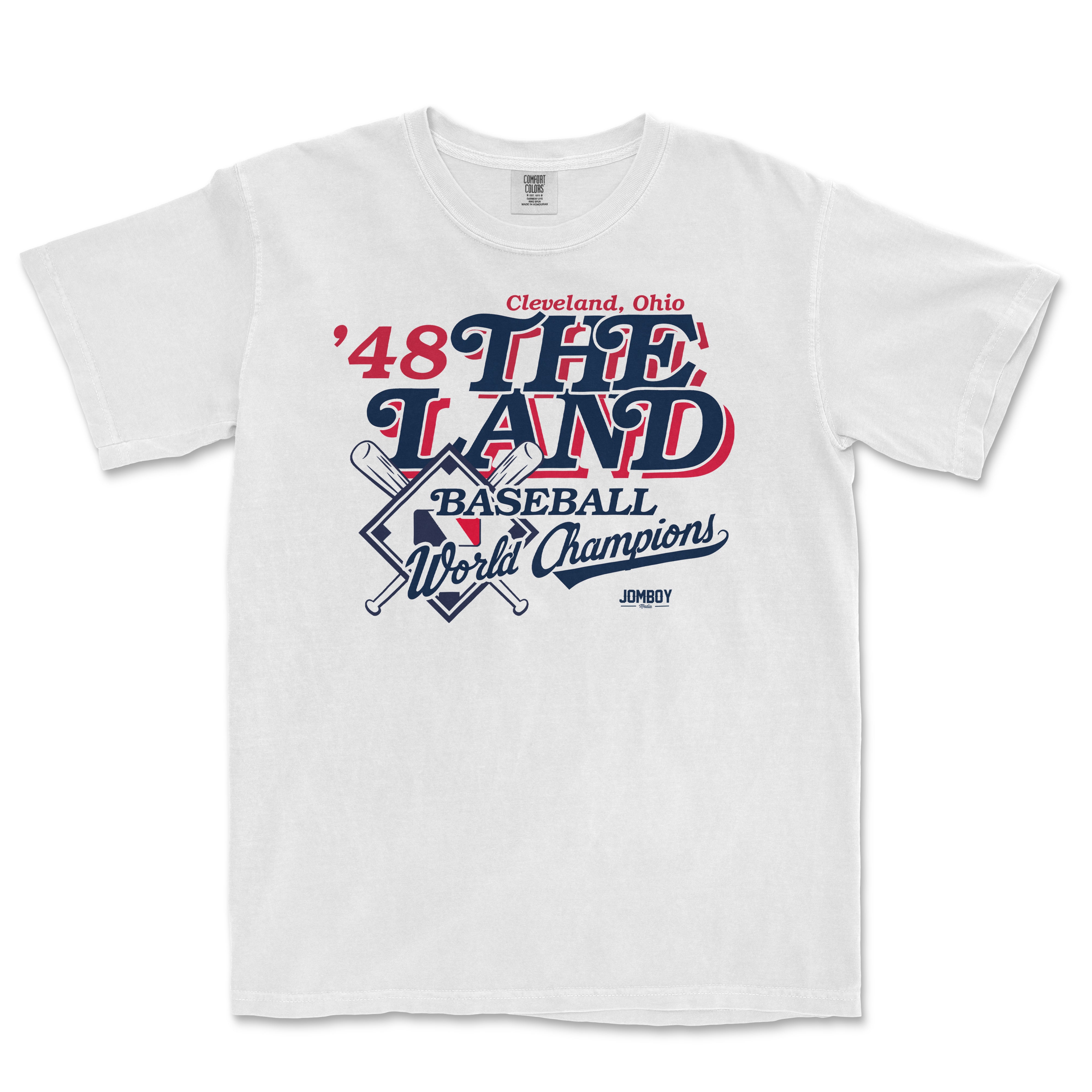 White Comfort Colors T-shirt featuring vintage Cleveland, Ohio, 1948 World Series Champions baseball design with crossed bats and team logo.