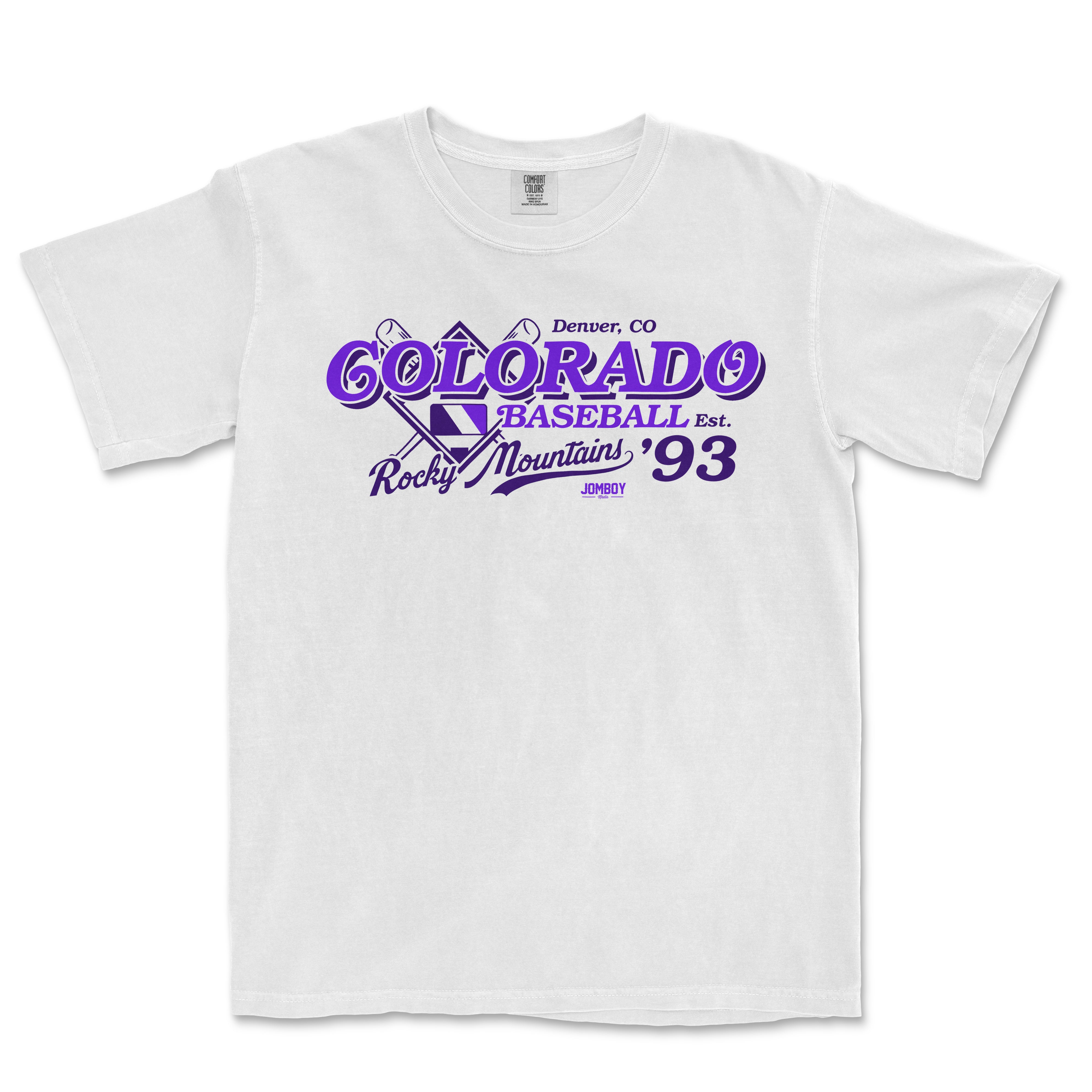 White Comfort Colors T-shirt featuring a purple vintage-style Colorado baseball graphic with text and a mountain design.