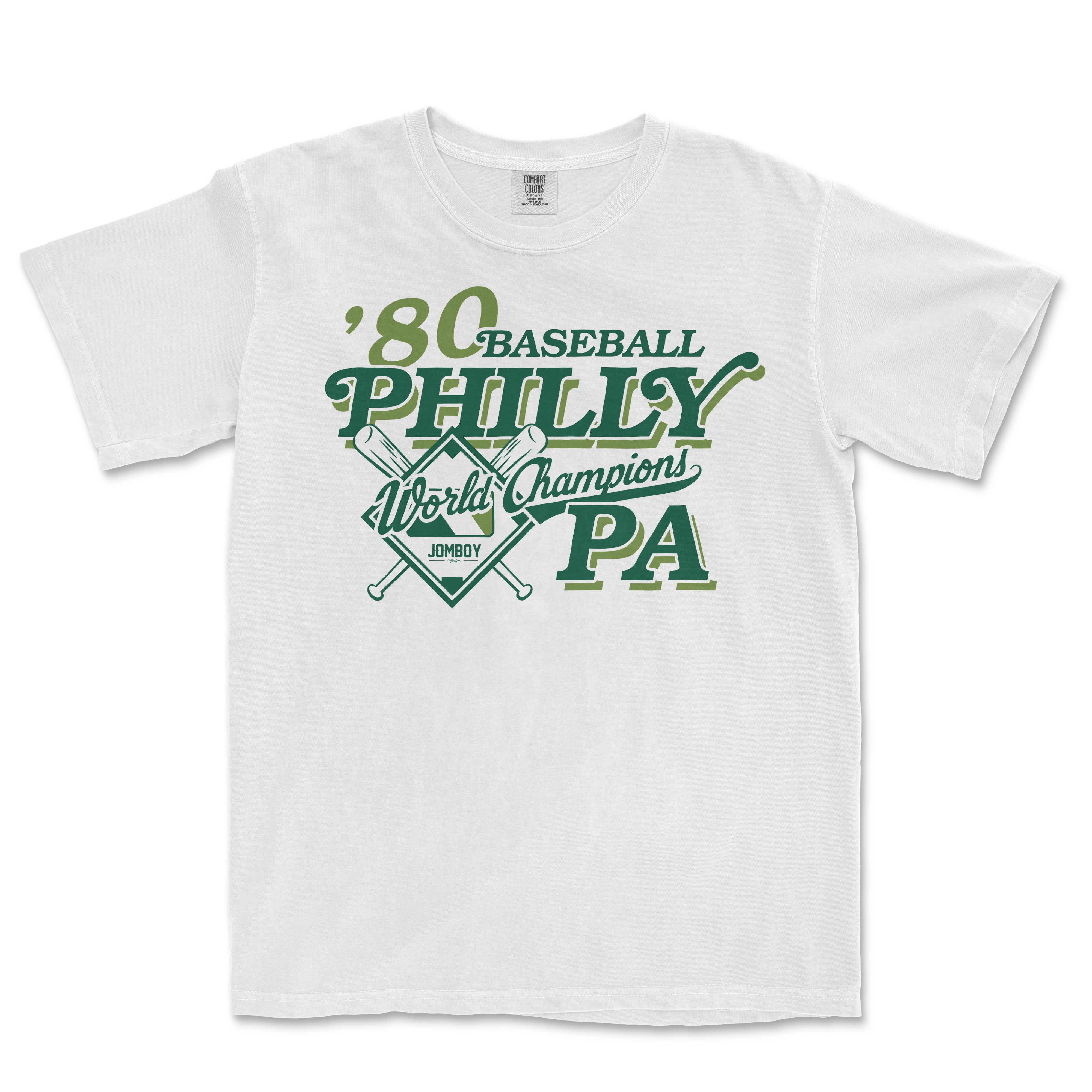 White T-shirt featuring green and black vintage-style text and graphics celebrating the 1980 Philadelphia Phillies World Series Champions.