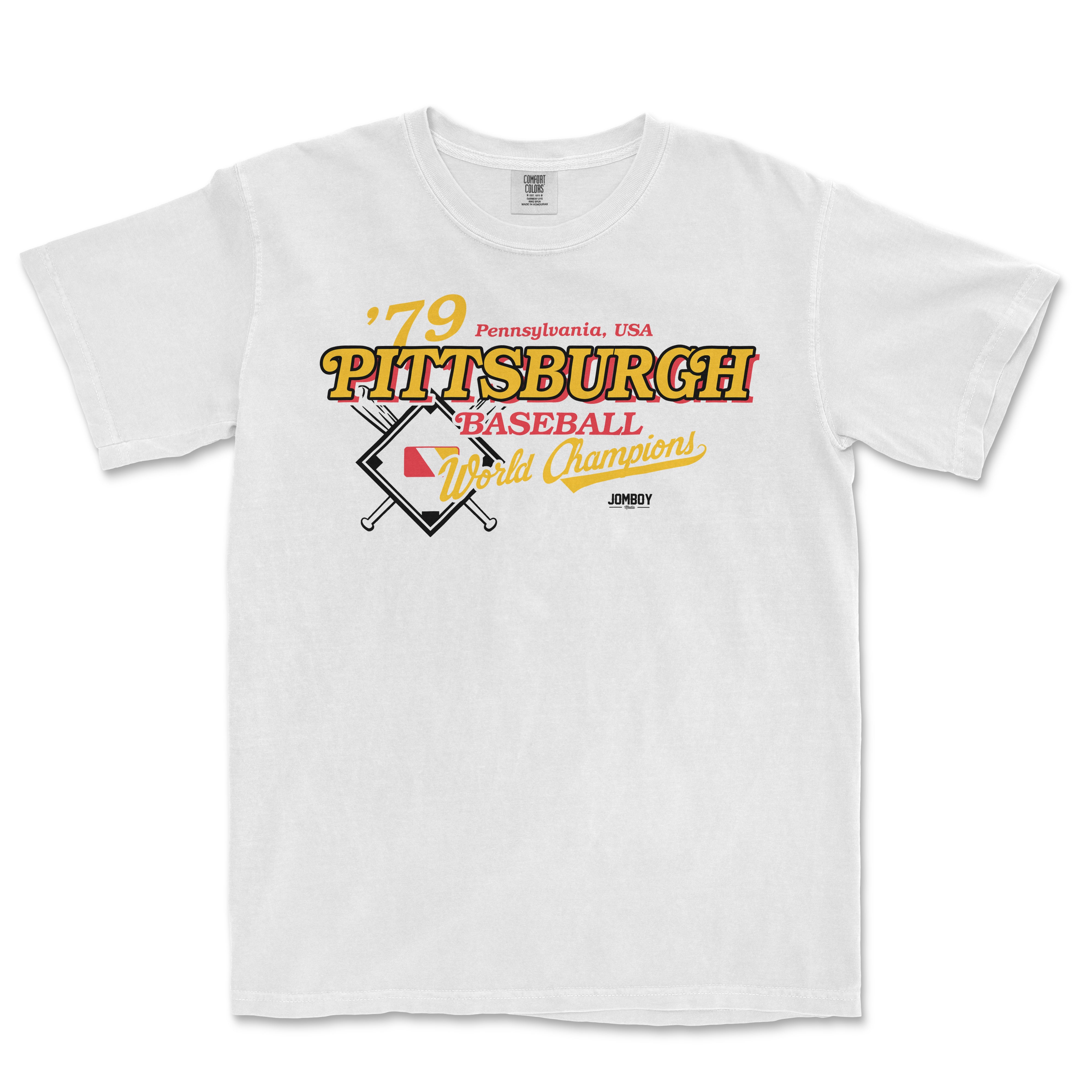 White vintage Pittsburgh Pirates baseball t-shirt with "’79 Pennsylvania, USA" and "World Champions" text, featuring a baseball and crossed bats graphic.