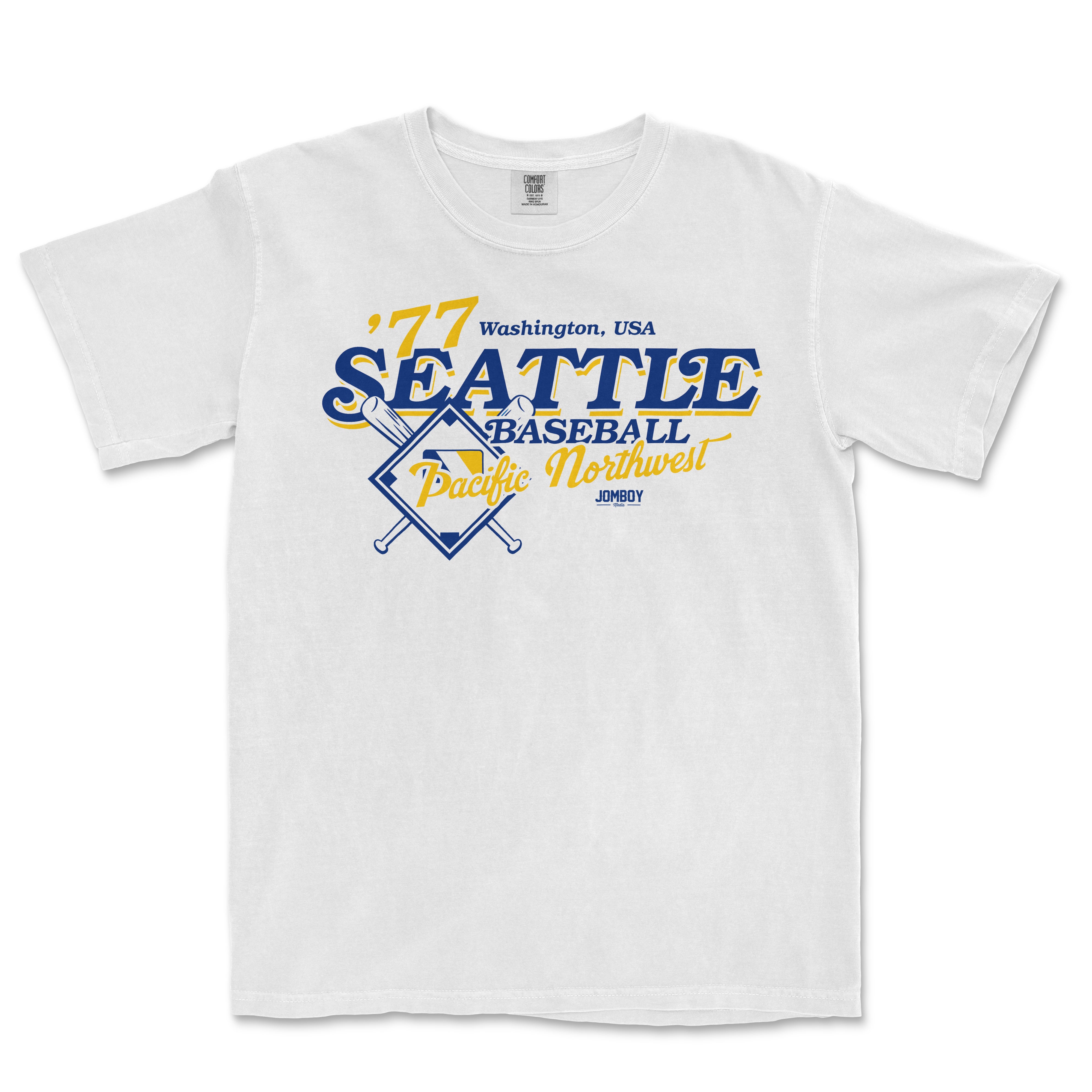 White T-shirt featuring vintage-style blue and yellow Seattle baseball design with crossed bats, city name, and "Pacific Northwest" text.