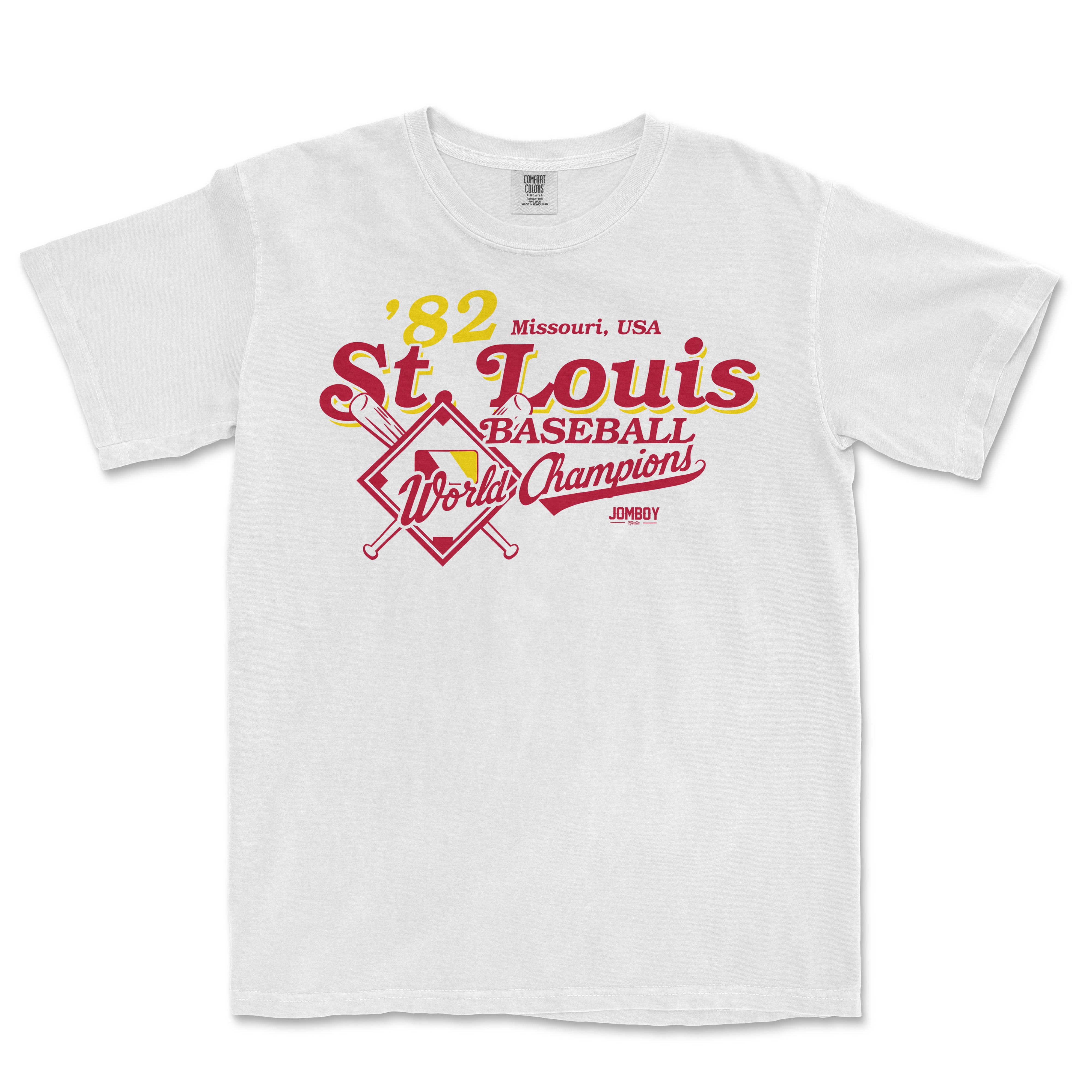 White T-shirt with vintage St. Louis Cardinals baseball team logo, celebrating 1982 World Champions, featuring crossed bats and text.