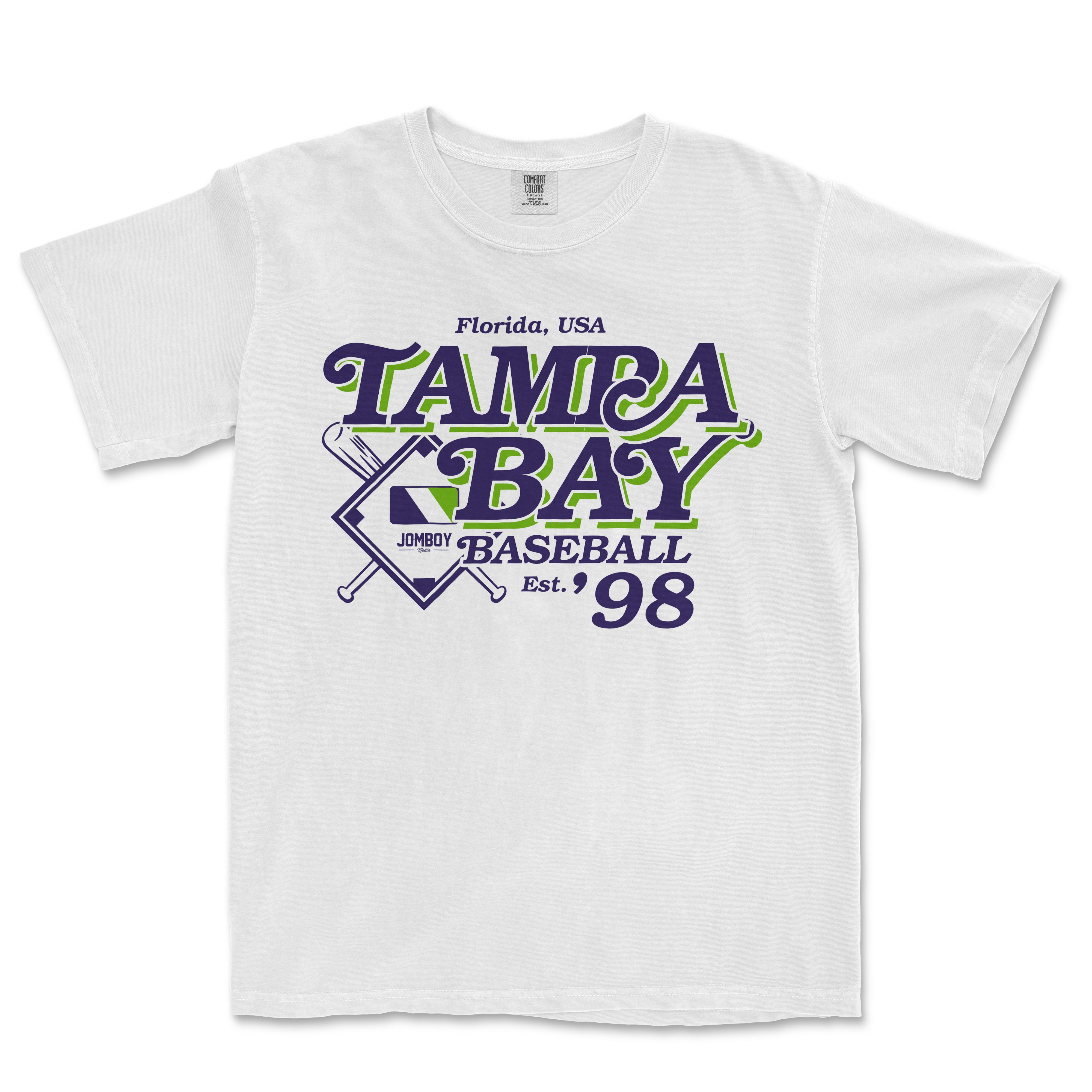 White T-shirt featuring a vintage Tampa Bay Baseball design with purple and green text, crossed baseball bats, and "Est. 98" printed on the front.