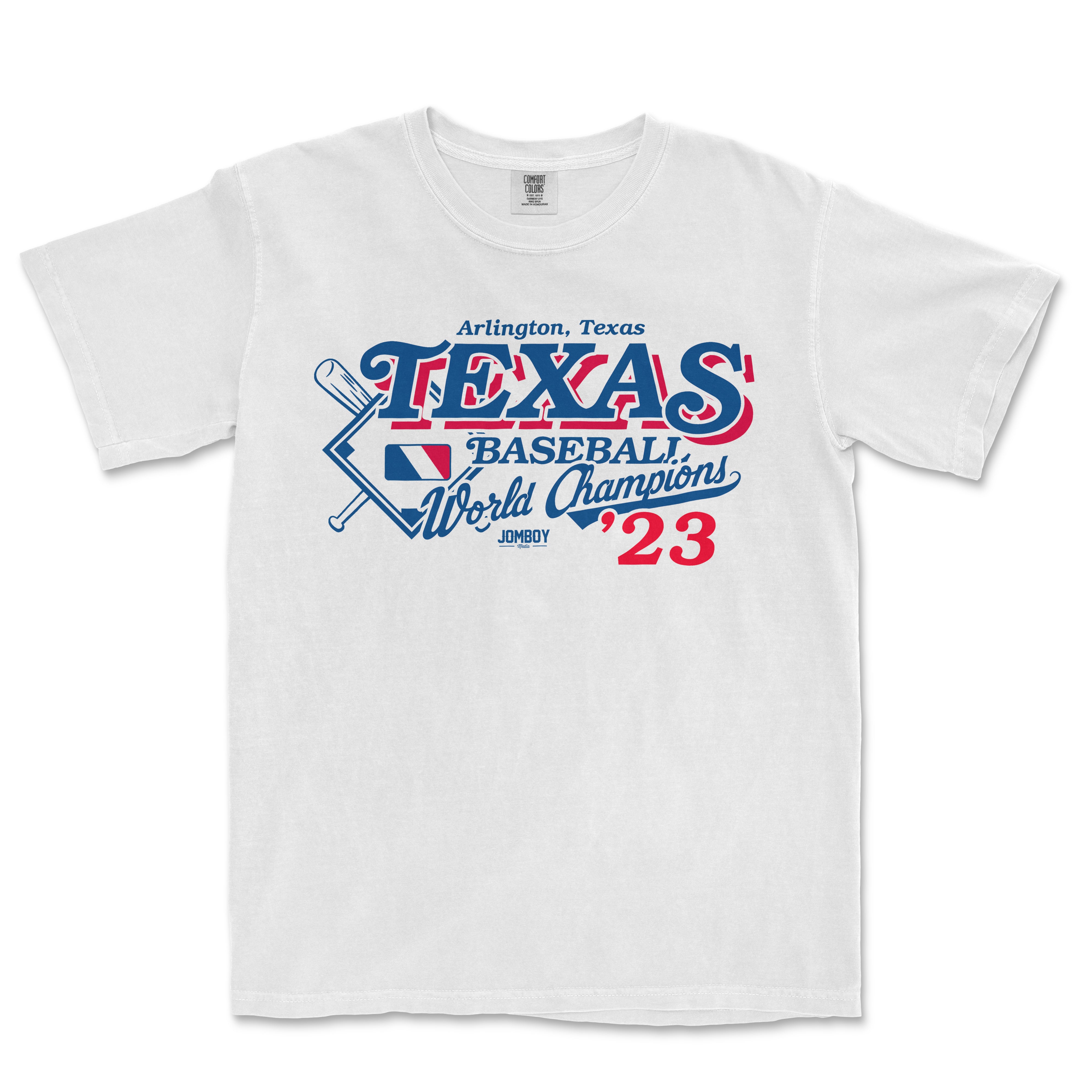 White T-shirt featuring a vintage-style Texas baseball World Champions design with red and blue text and graphics.