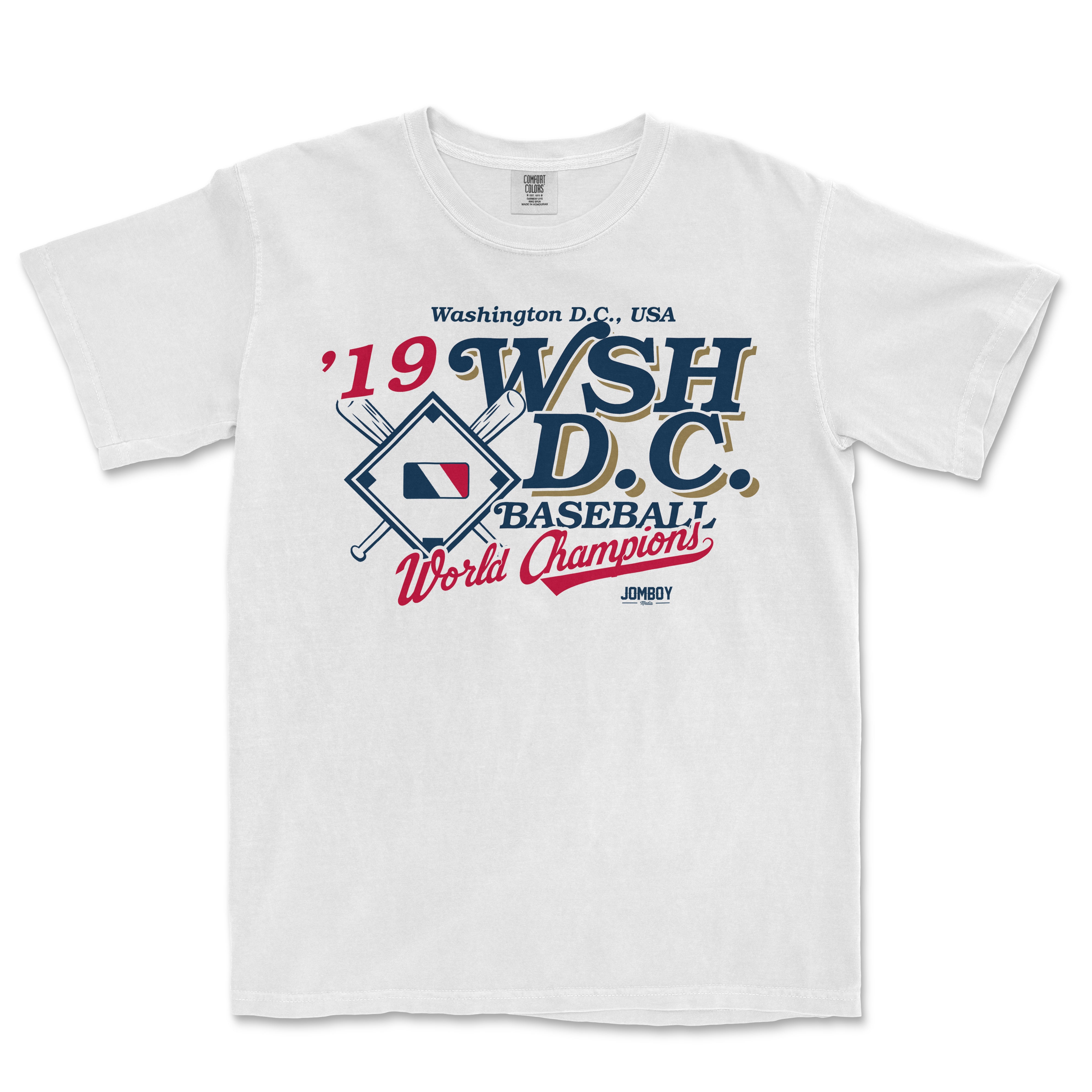 White T-shirt featuring vintage-style text and graphics celebrating Washington D.C. baseball champions, with red, navy, and gold accents.