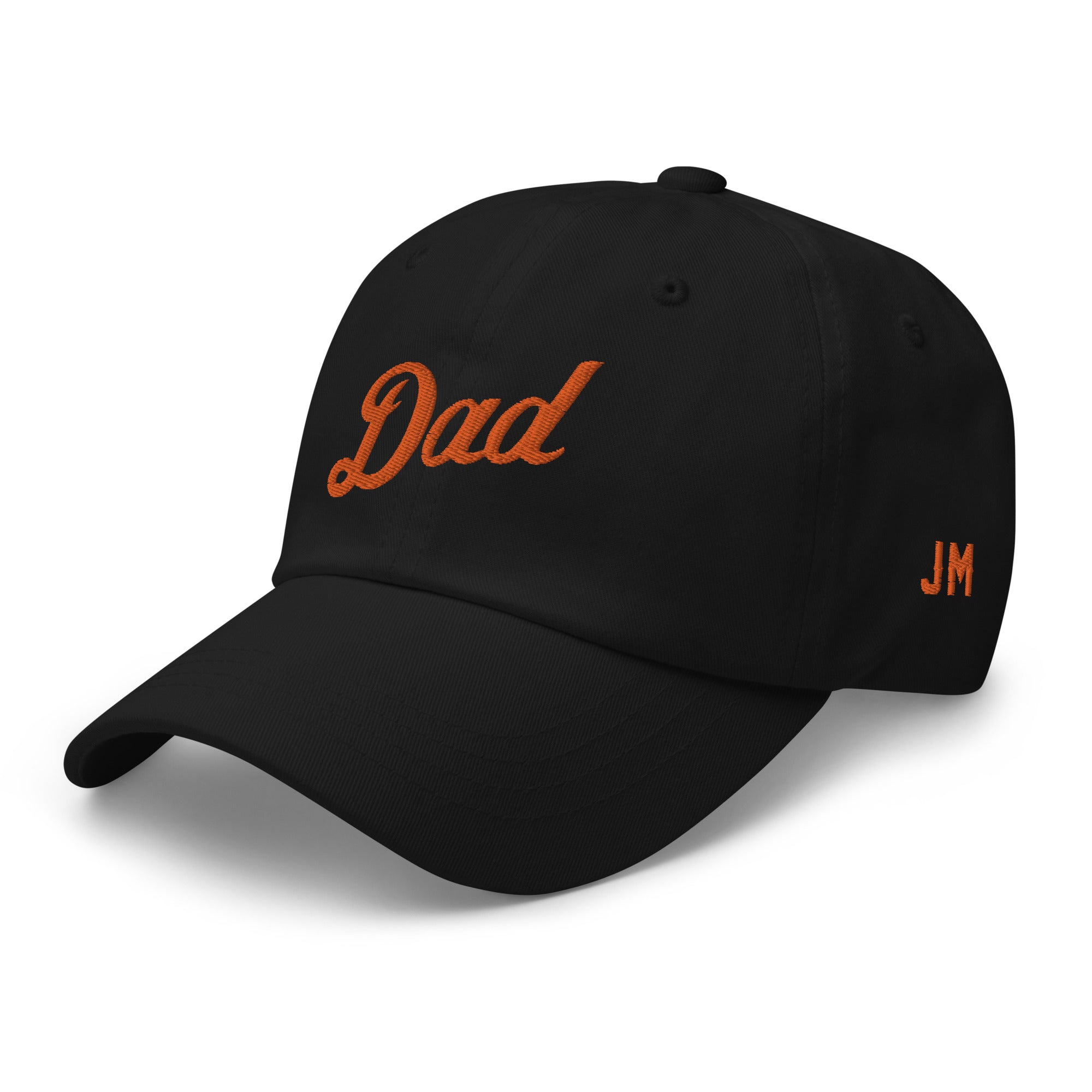 Black dad hat with orange embroidered "Dad" text on front and "JM" initials on side, perfect for Detroit baseball dads.