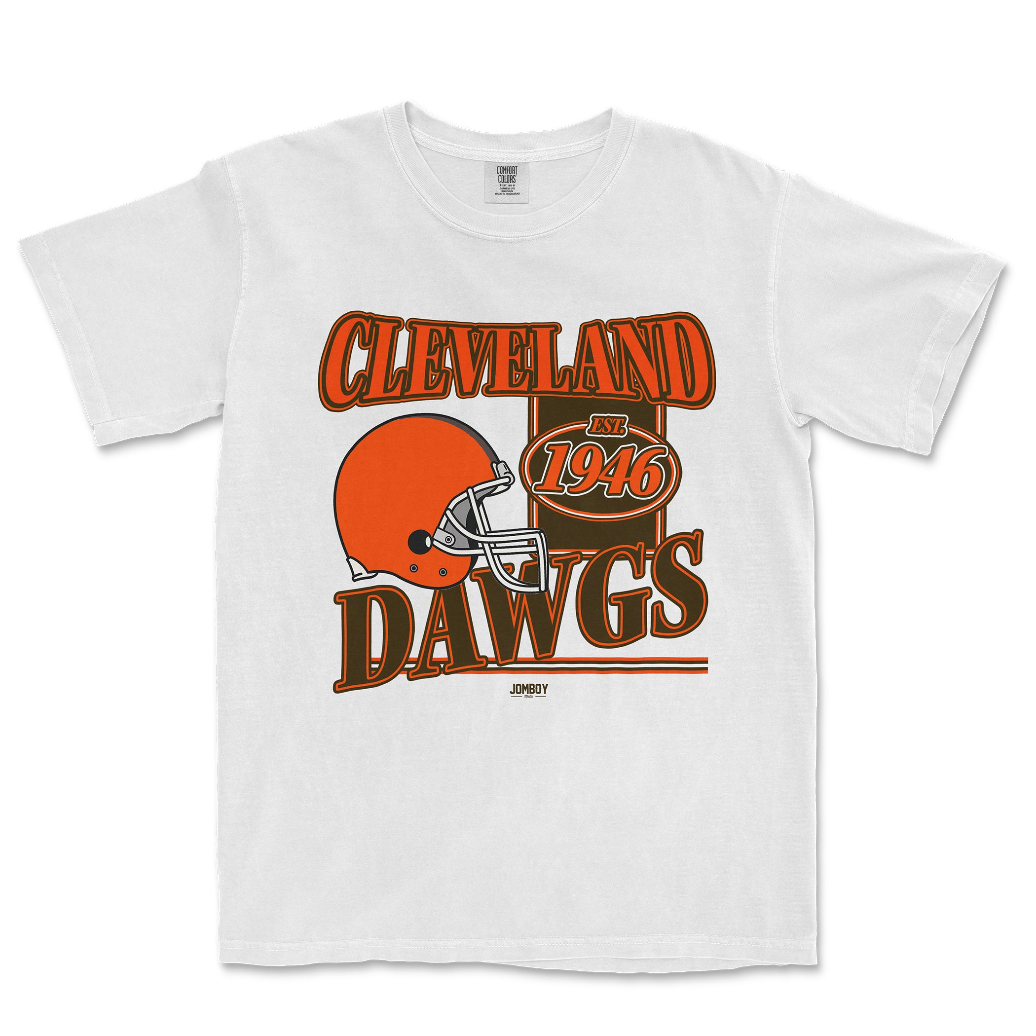 White T-shirt featuring a Cleveland Dawgs football team graphic with a helmet, team name, and establishment year 1946.