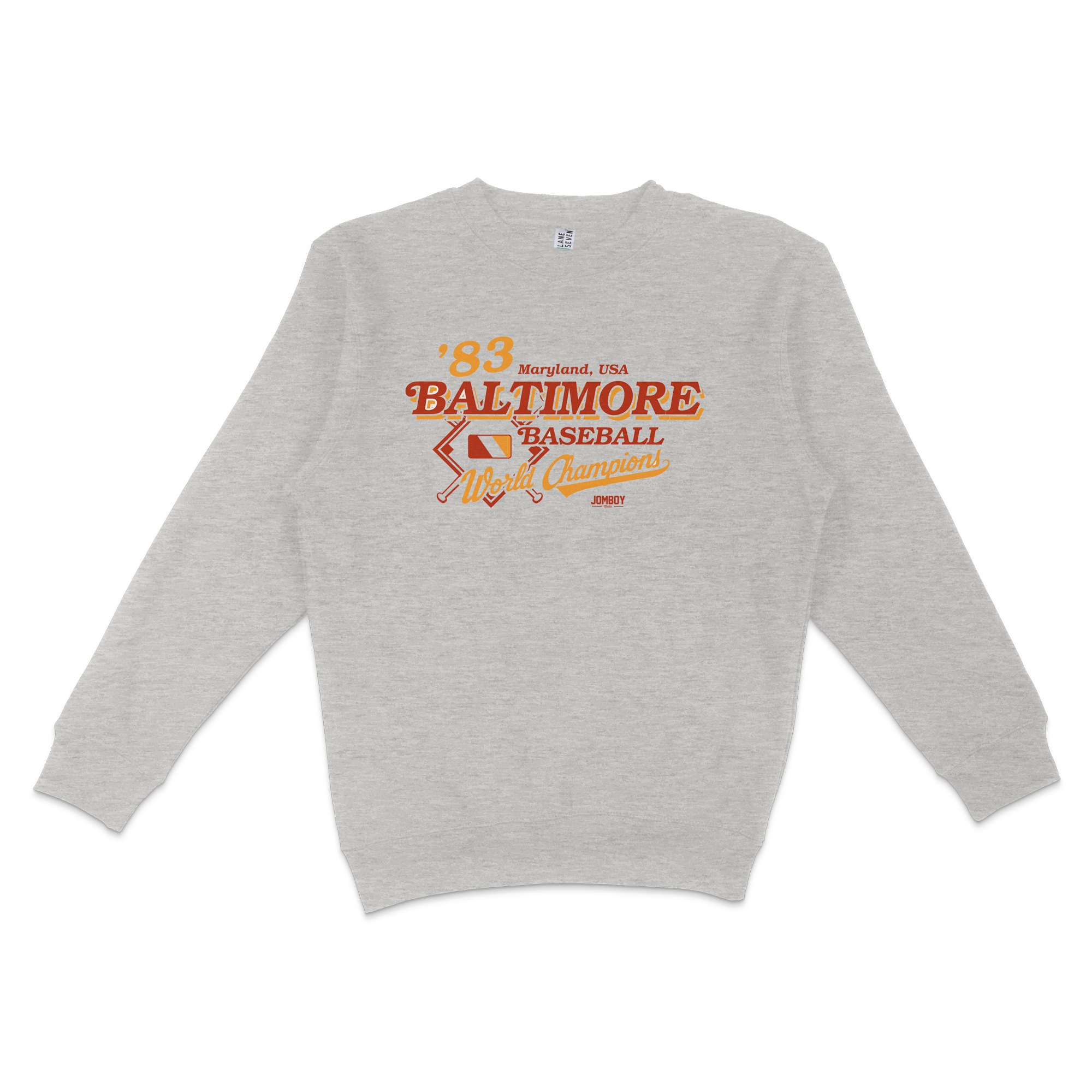 Gray crewneck sweatshirt featuring vintage Baltimore baseball team design with text, baseball graphics, and "World Champions" banner.