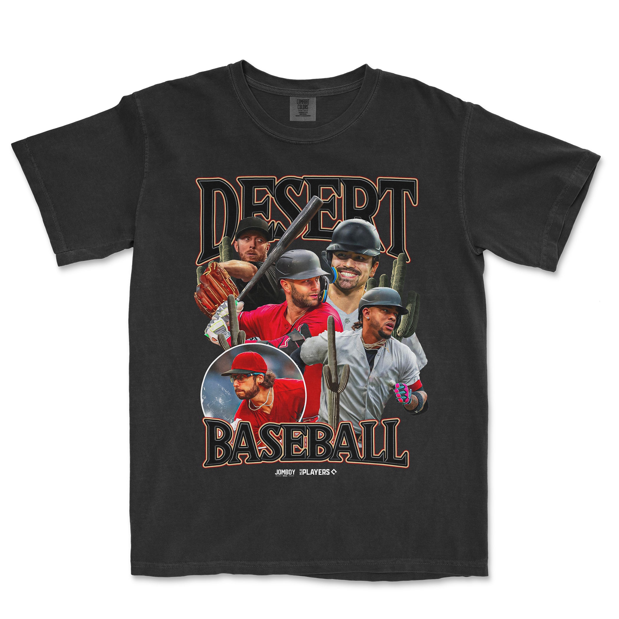 Black Comfort Colors tee featuring a desert-themed baseball graphic with players, cacti, and bold "Desert Baseball" text.