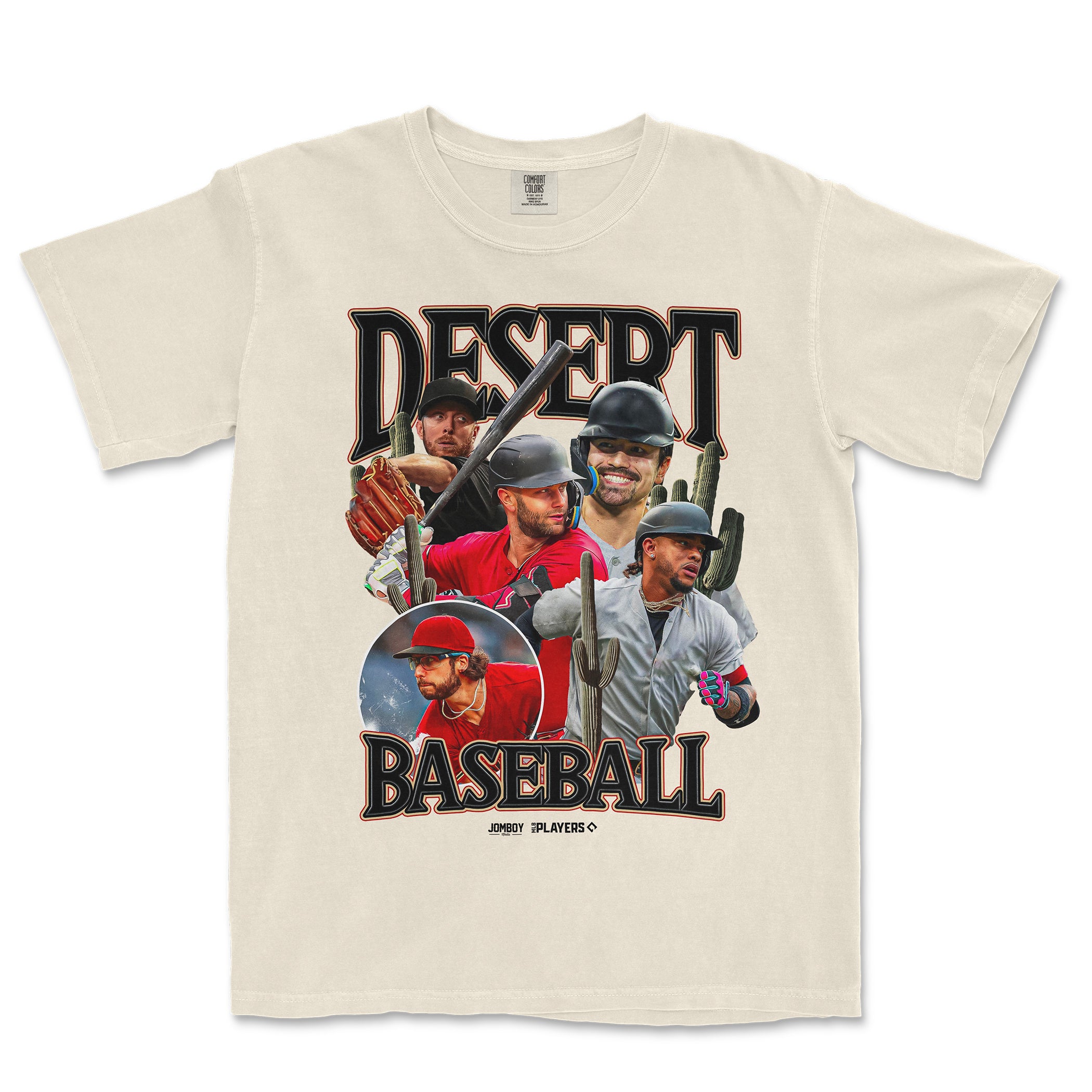 Beige Comfort Colors T-shirt featuring a "Desert Baseball" graphic with multiple players, cacti, and bold text design.