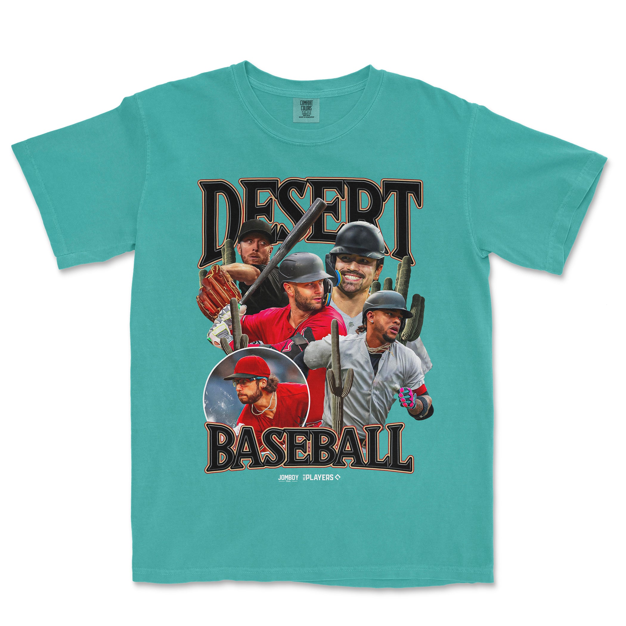 Turquoise Comfort Colors tee featuring a desert baseball graphic with five players, cacti, and bold "Desert Baseball" text.