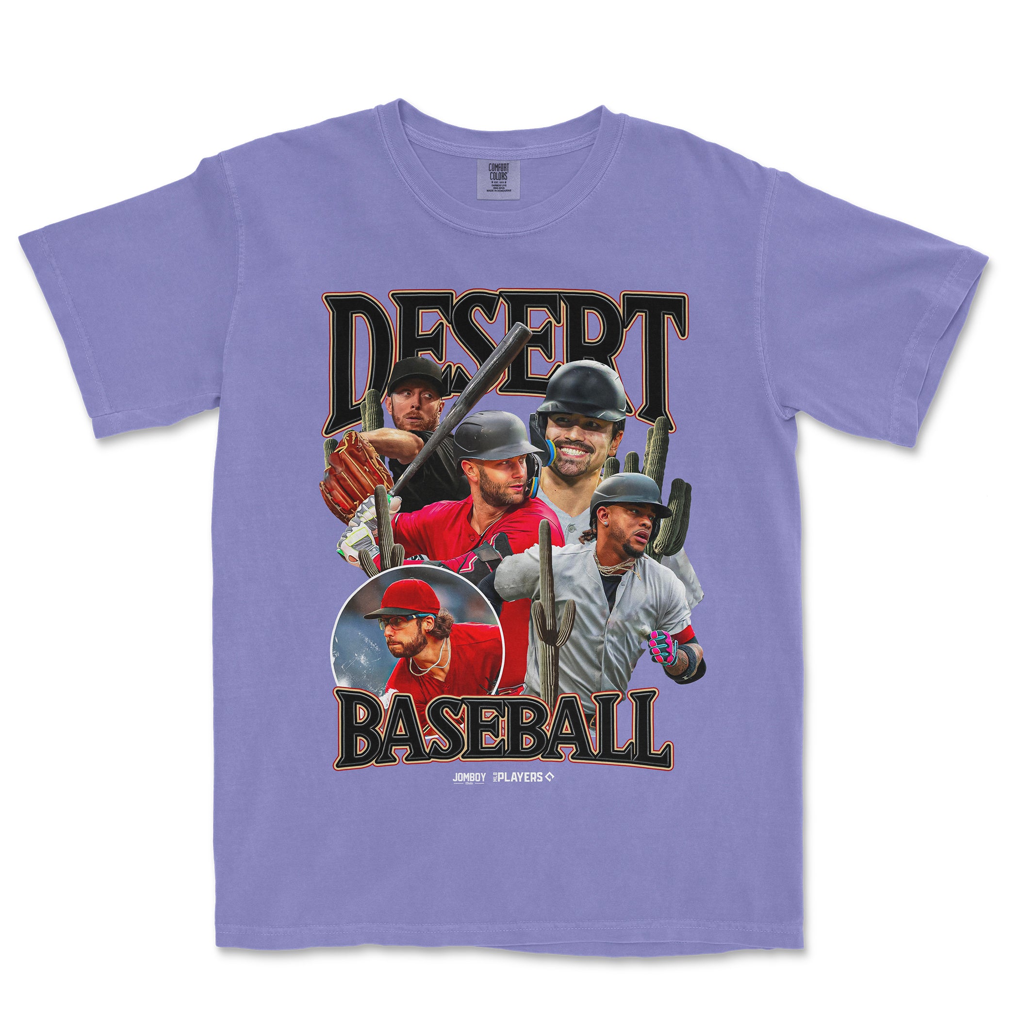 Purple Comfort Colors tee featuring a "Desert Baseball" graphic with five baseball players, cacti, and bold text.