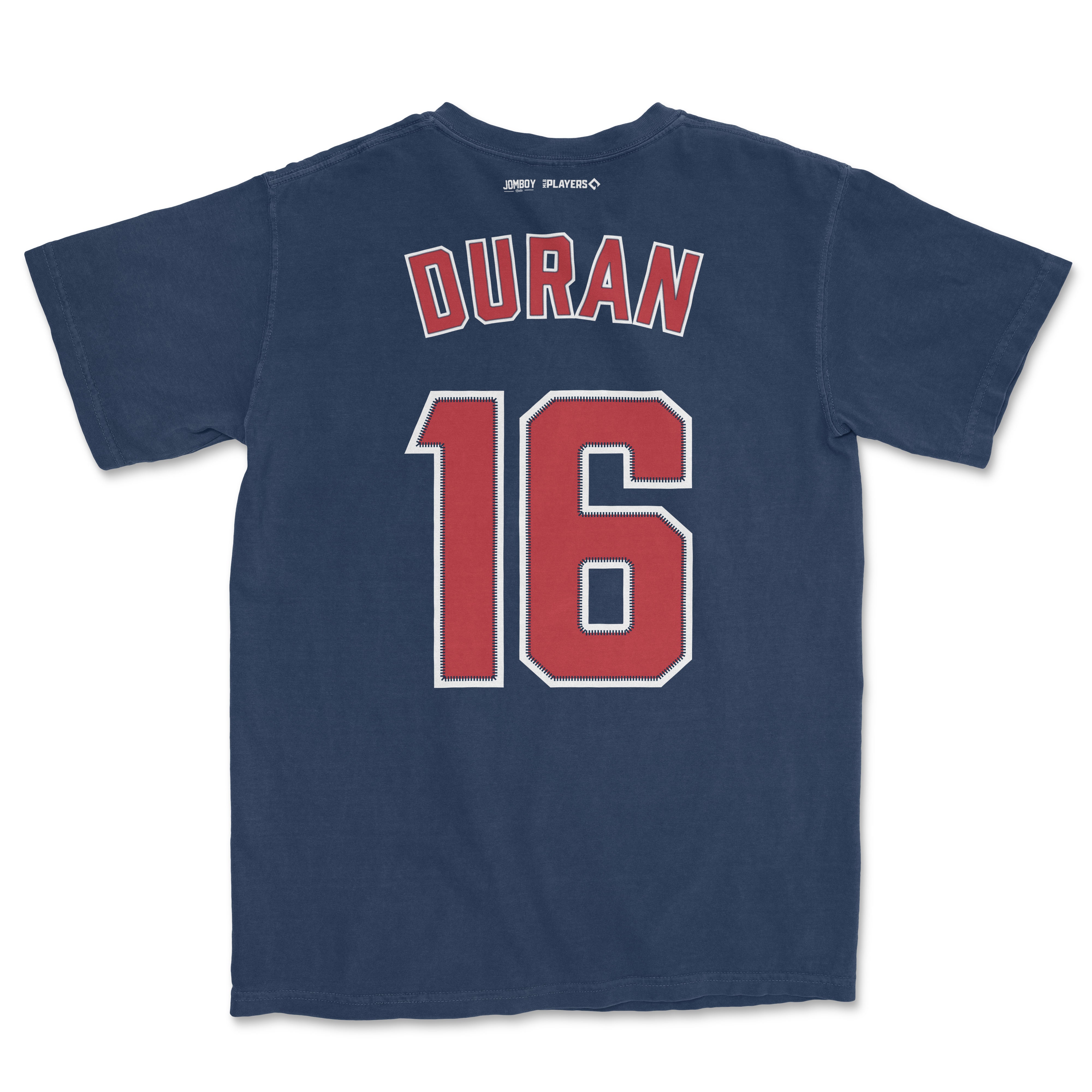 Back of a navy Comfort Colors tee featuring "DURAN" and the number 16 in red and white, with small sponsor logos above.
