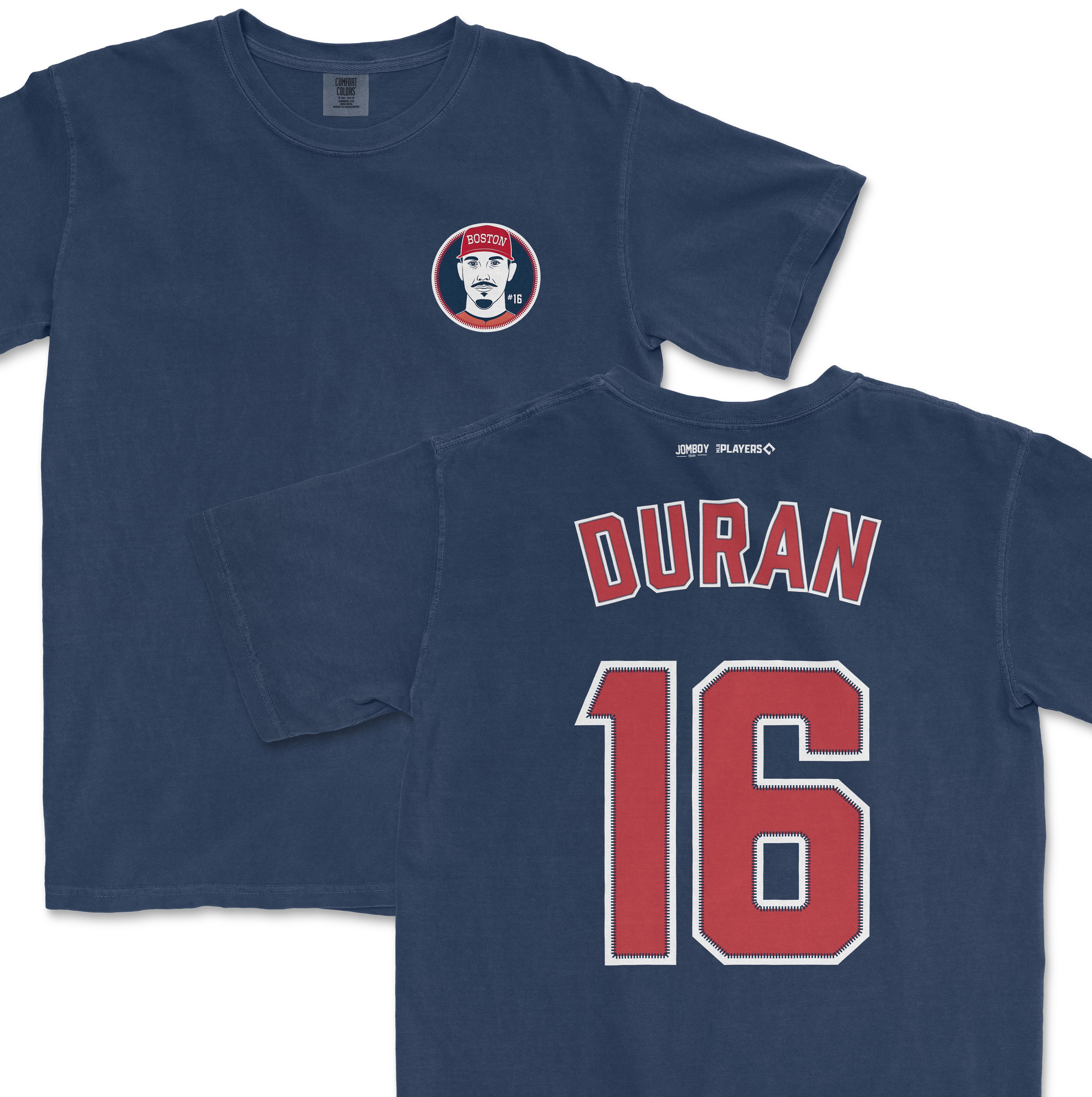Blue Comfort Colors tee featuring Jarren Duran's name, number 16, and a Boston-themed graphic on the front.