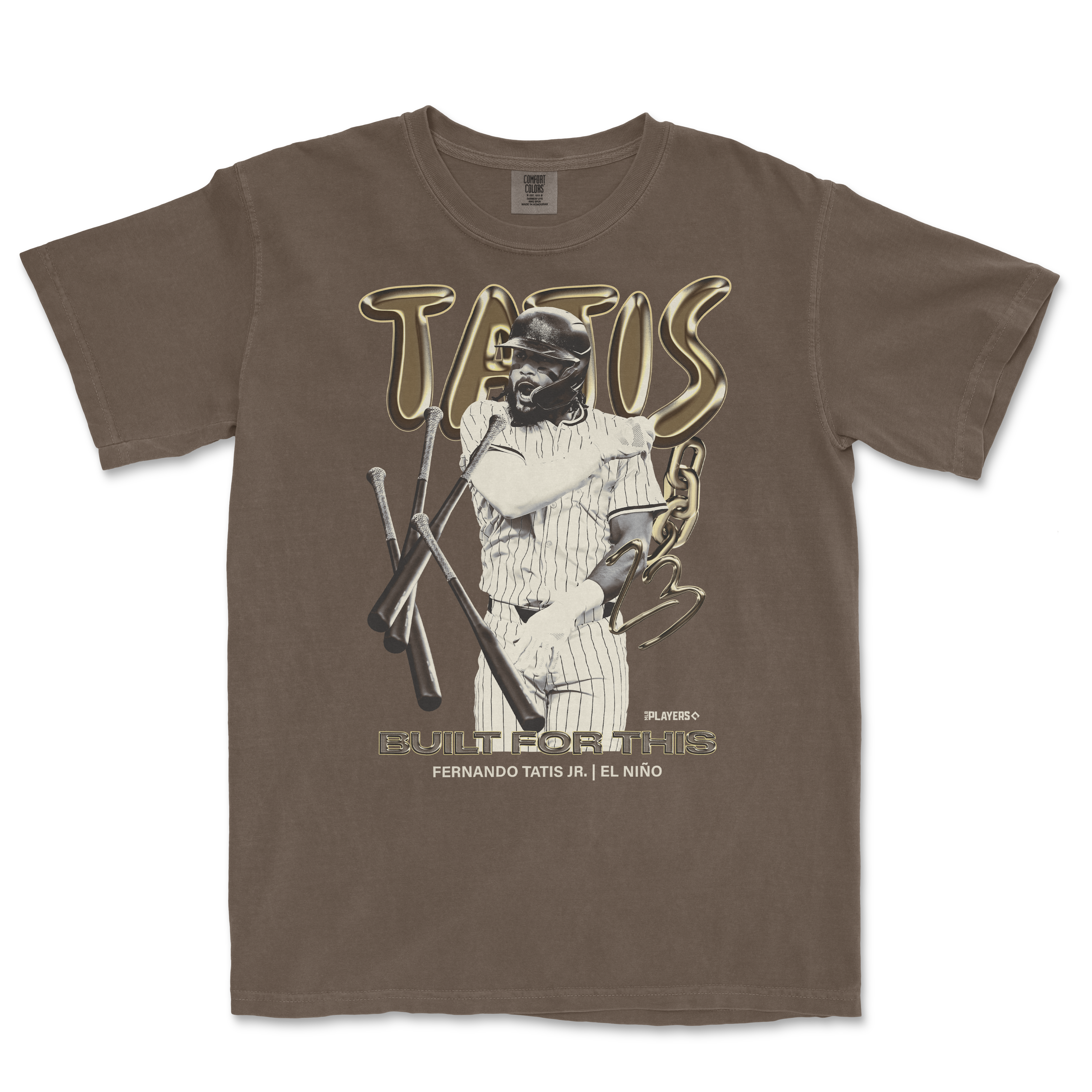 T-shirt featuring Fernando Tatis Jr. in a baseball uniform with bats, "Tatis Built For This" text, and a bold, graphic design.