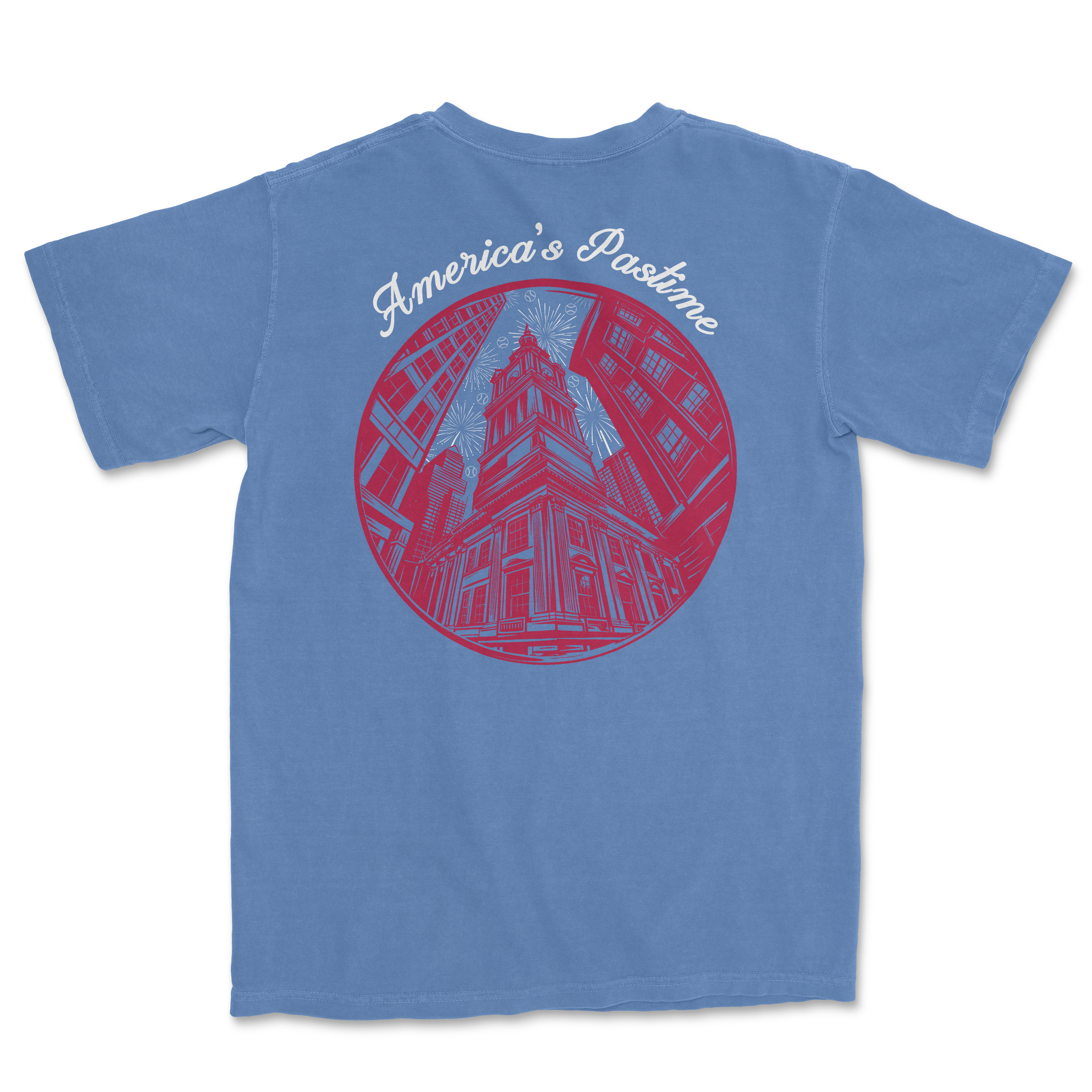 Blue t-shirt featuring a circular graphic of a historic building with "America's Pastime" text above.