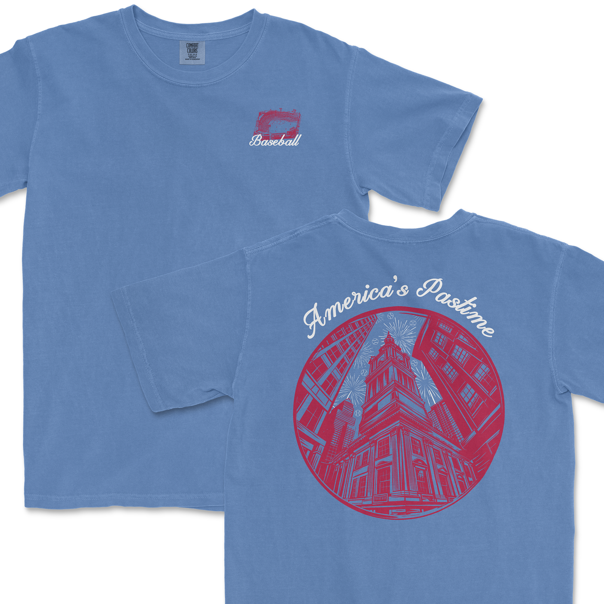 Blue t-shirt featuring a vintage baseball graphic and "America's Pastime" text on the back, celebrating baseball culture.