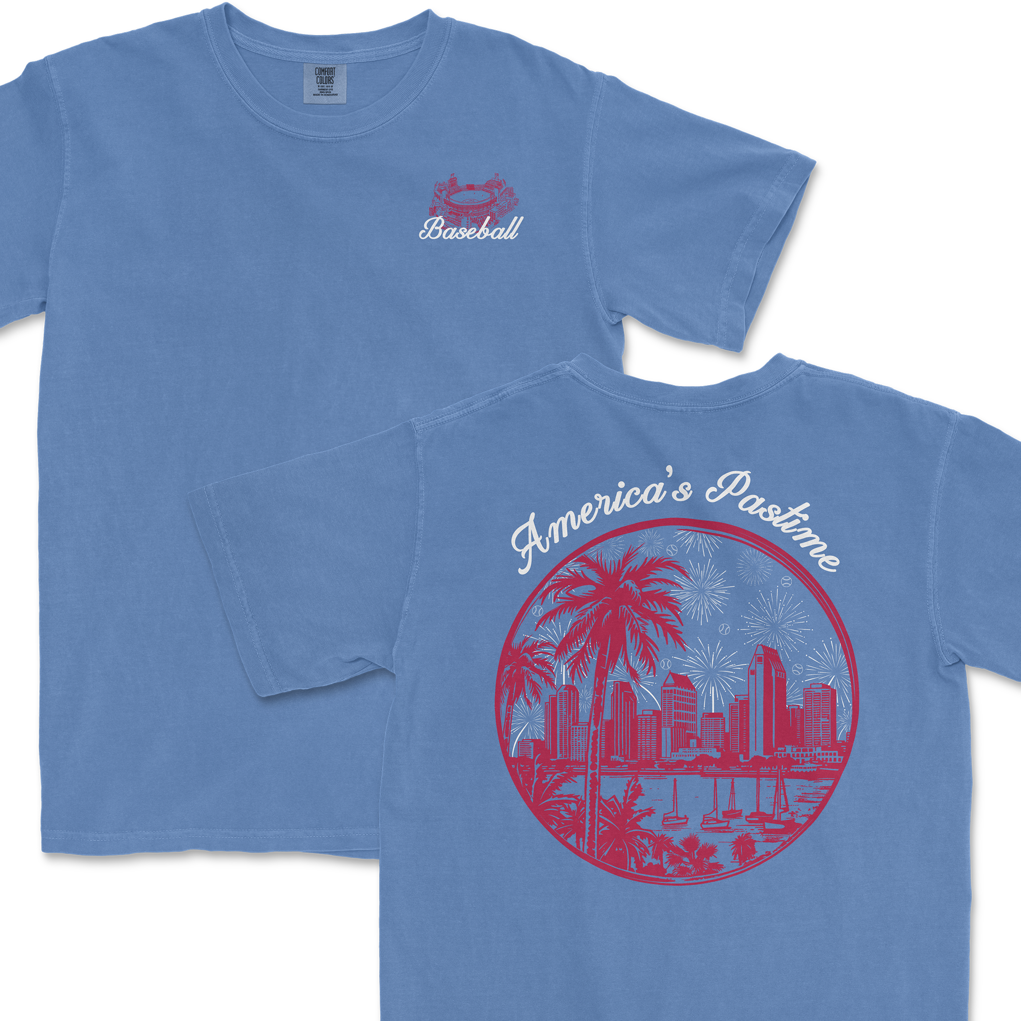 Light blue t-shirt featuring a baseball graphic and a palm tree skyline design with "America's Pastime" text.