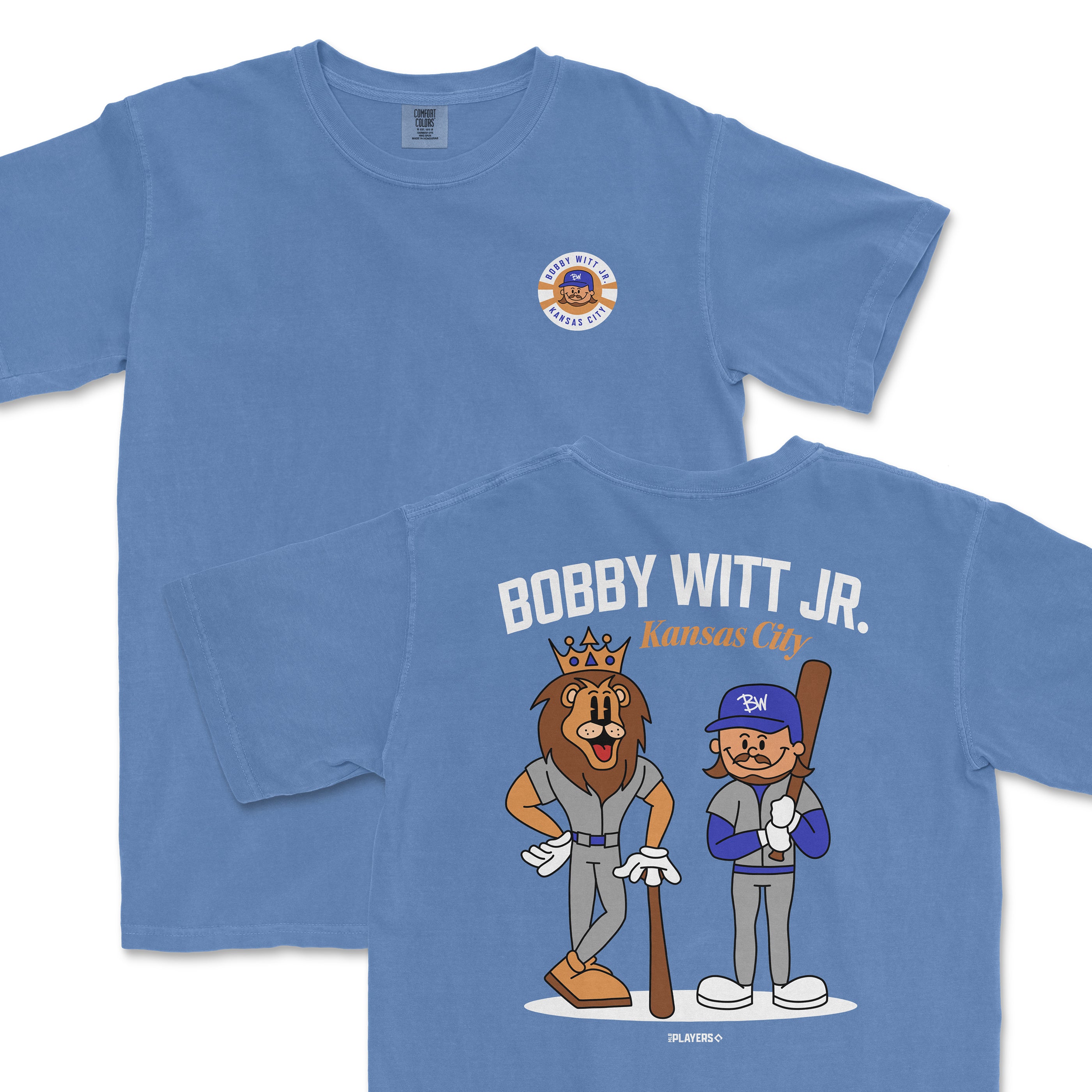 Light blue t-shirt featuring cartoon characters of Bobby Witt Jr. and a lion, celebrating Kansas City baseball.