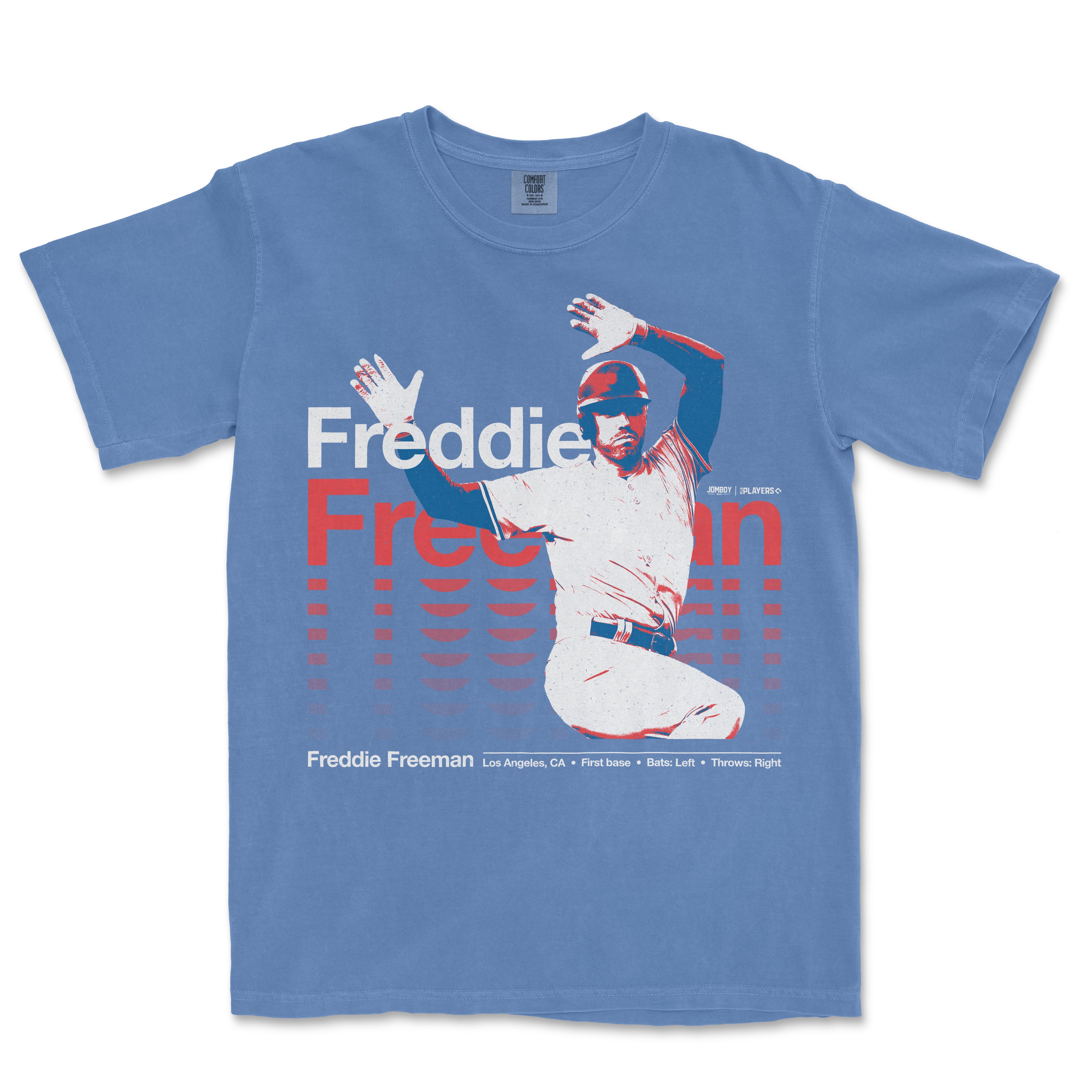 Comfort Colors blue T-shirt featuring a graphic of Freddie Freeman in a batting stance, with "Freddie" text and baseball details.