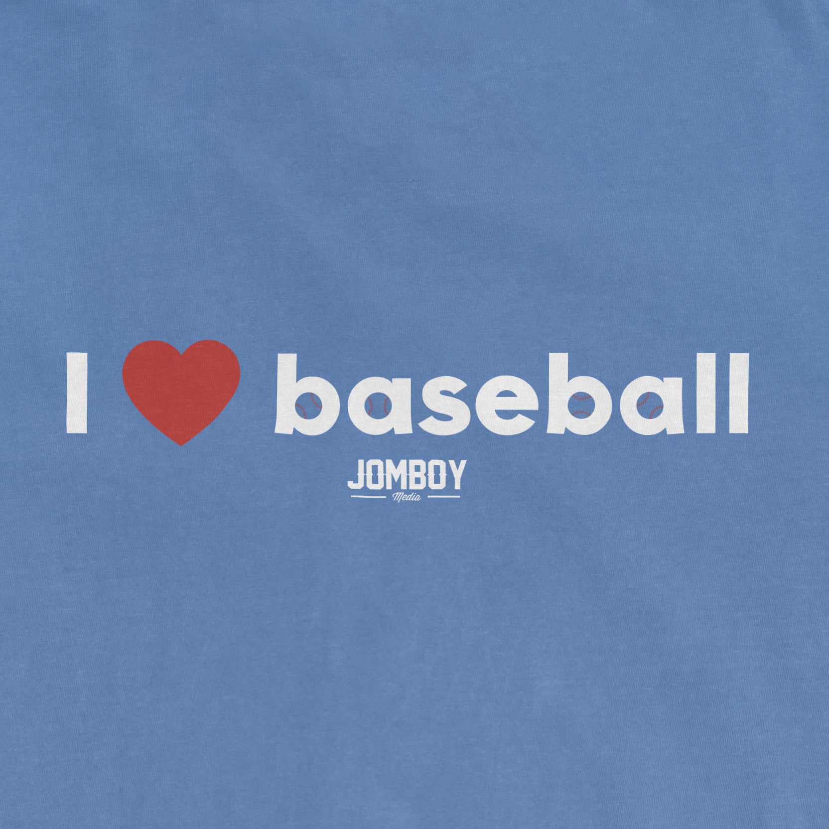 Blue vintage T-shirt with white text saying "I ❤️ baseball" and a small "JOMBOY Media" logo below.