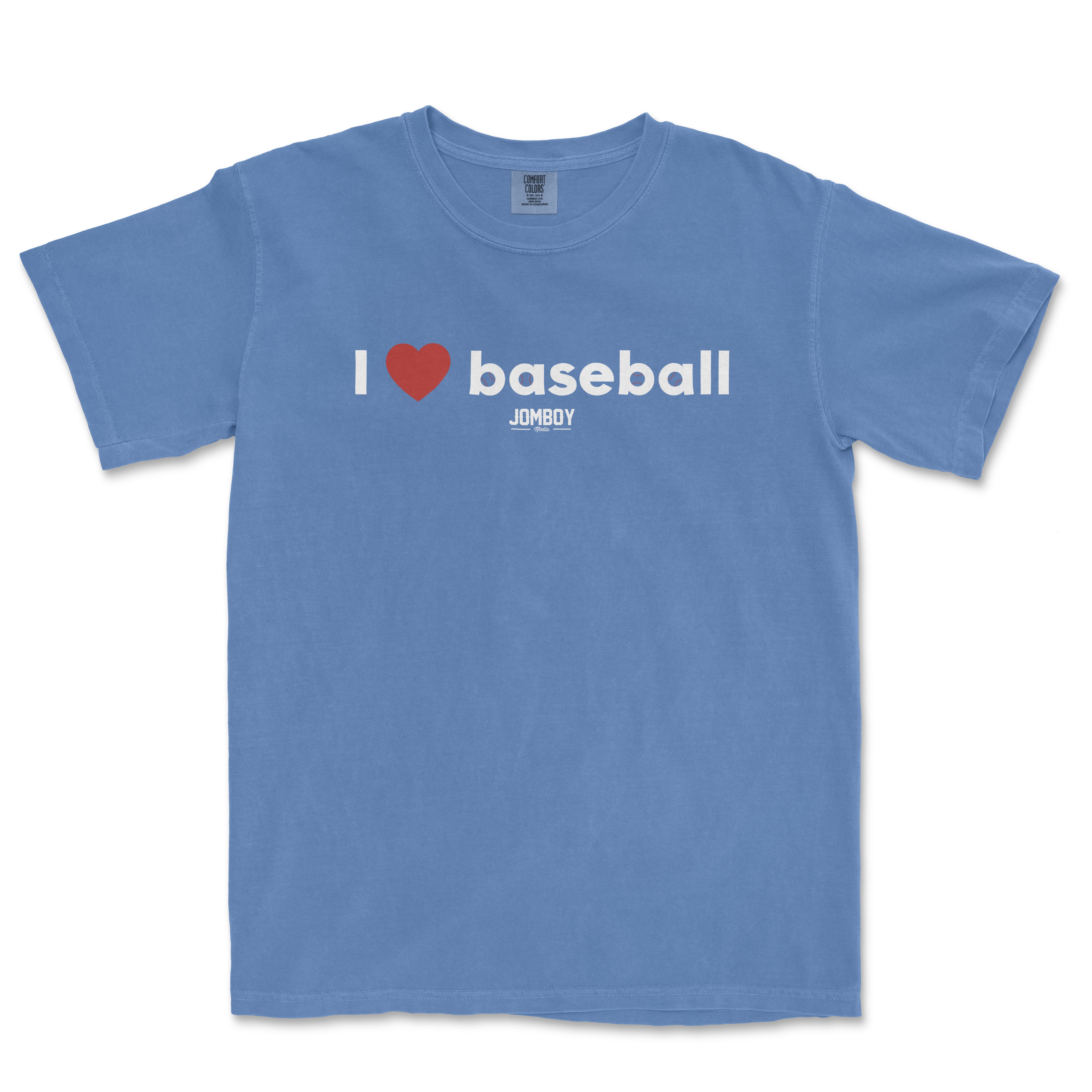 Blue vintage Comfort Colors T-shirt with white and red "I ♥ baseball" text and "Jomboy" logo below.