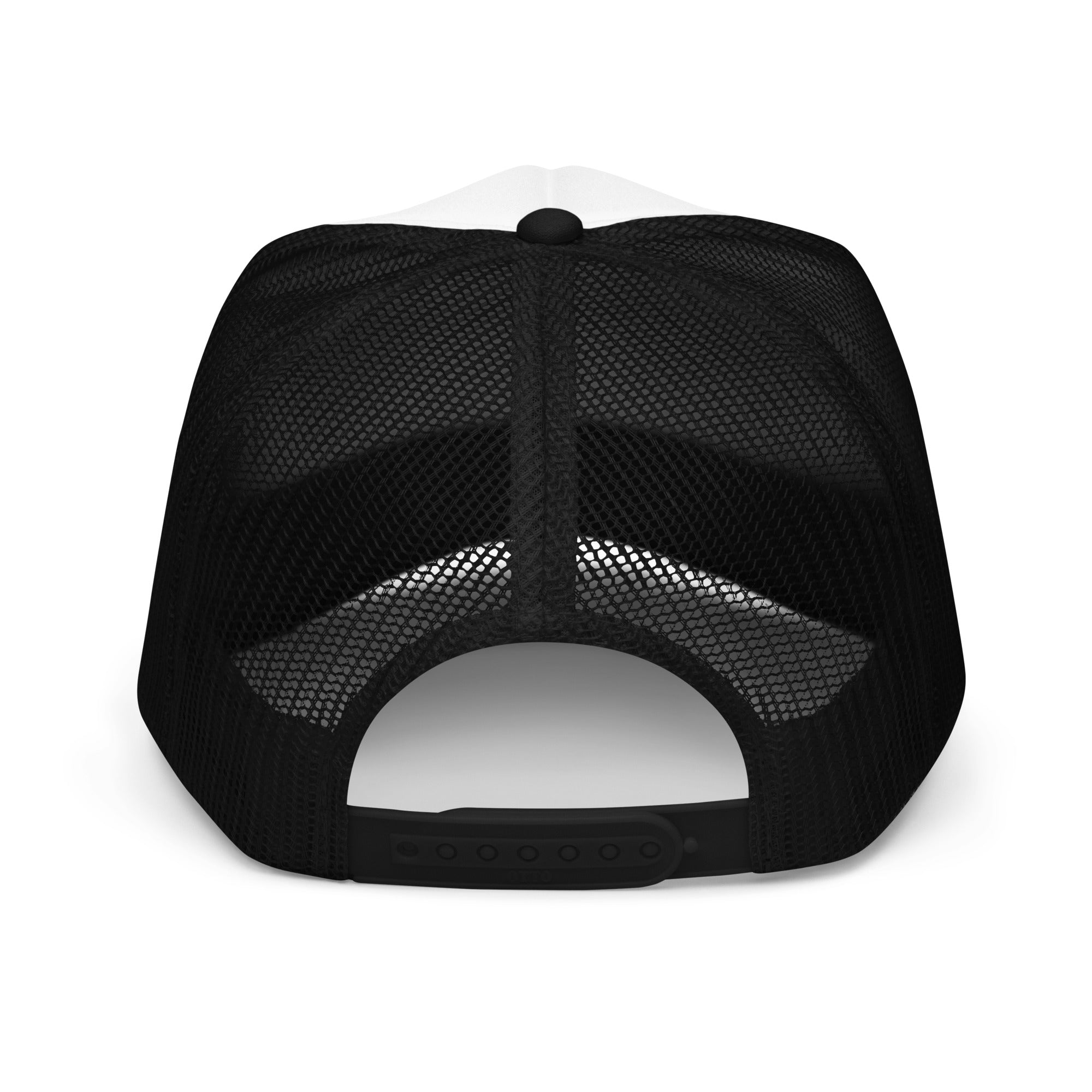 Back view of a black trucker hat with mesh panels and adjustable snap closure, featuring the phrase "I LOVE NAMING RANDOM ATHLETES.