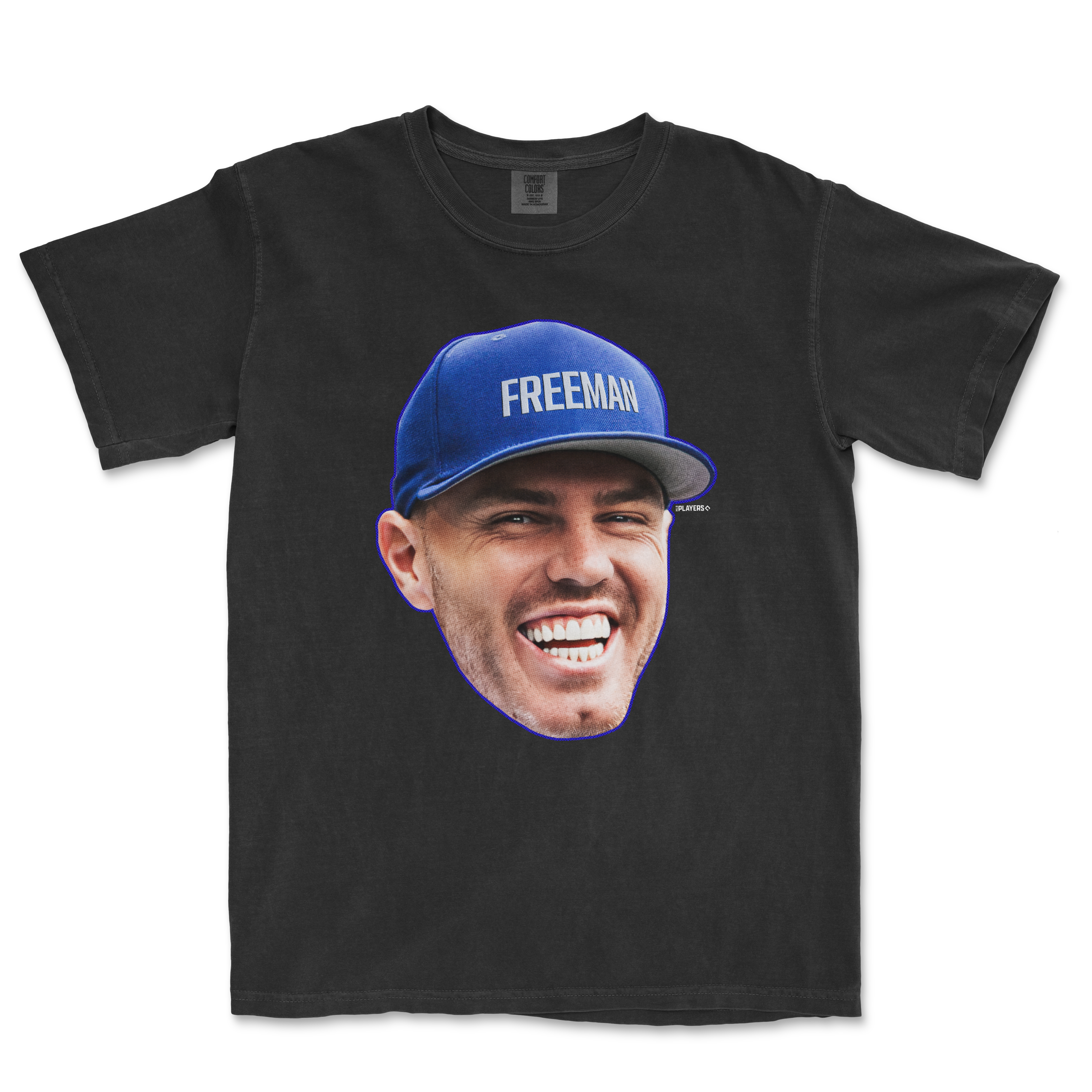 Freddie Freeman Head in the Game Series t-shirt featuring a large graphic of Freeman's smiling face on a black background.