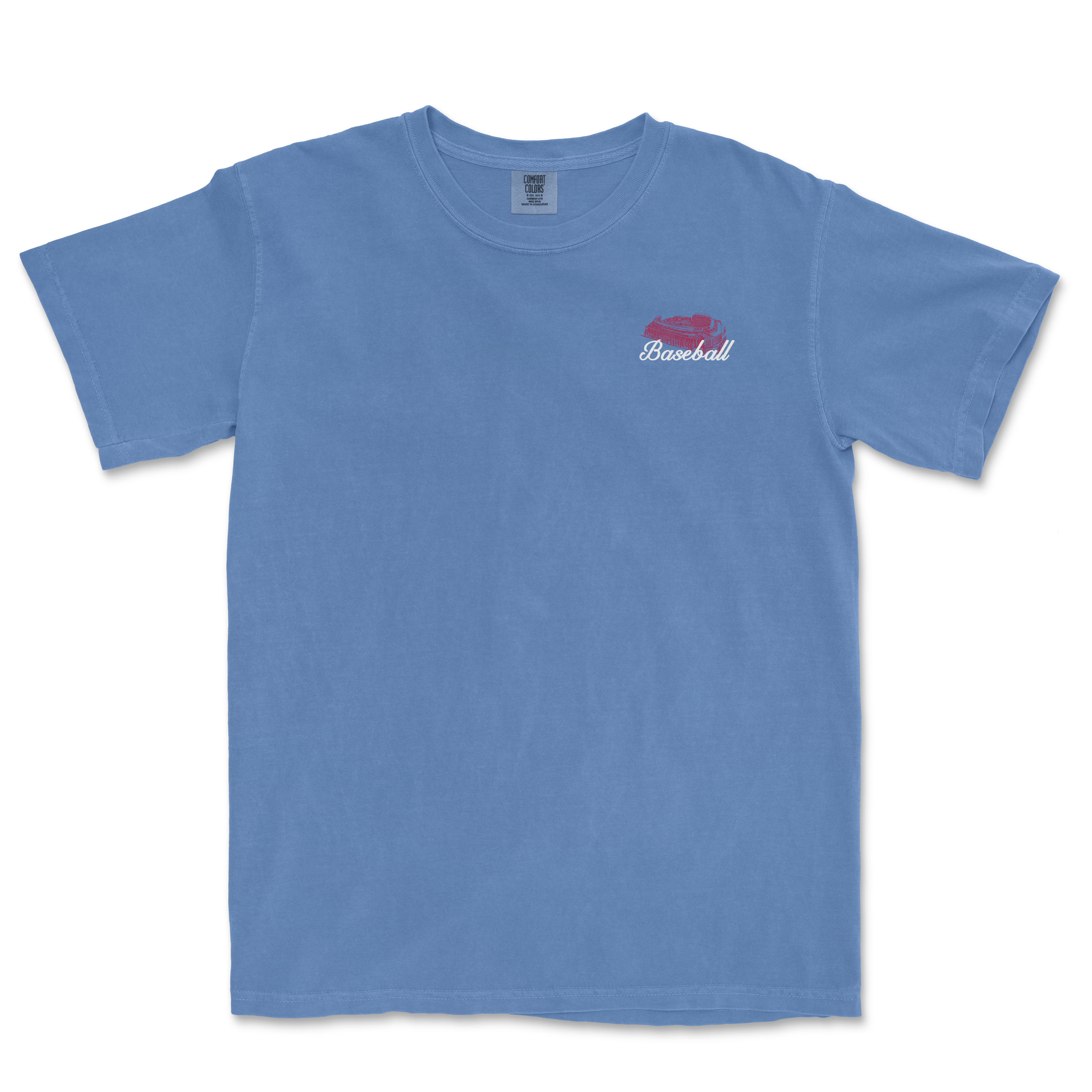 Light blue t-shirt featuring a vintage baseball graphic and the word "Baseball" in red, representing NY America's Pastime.