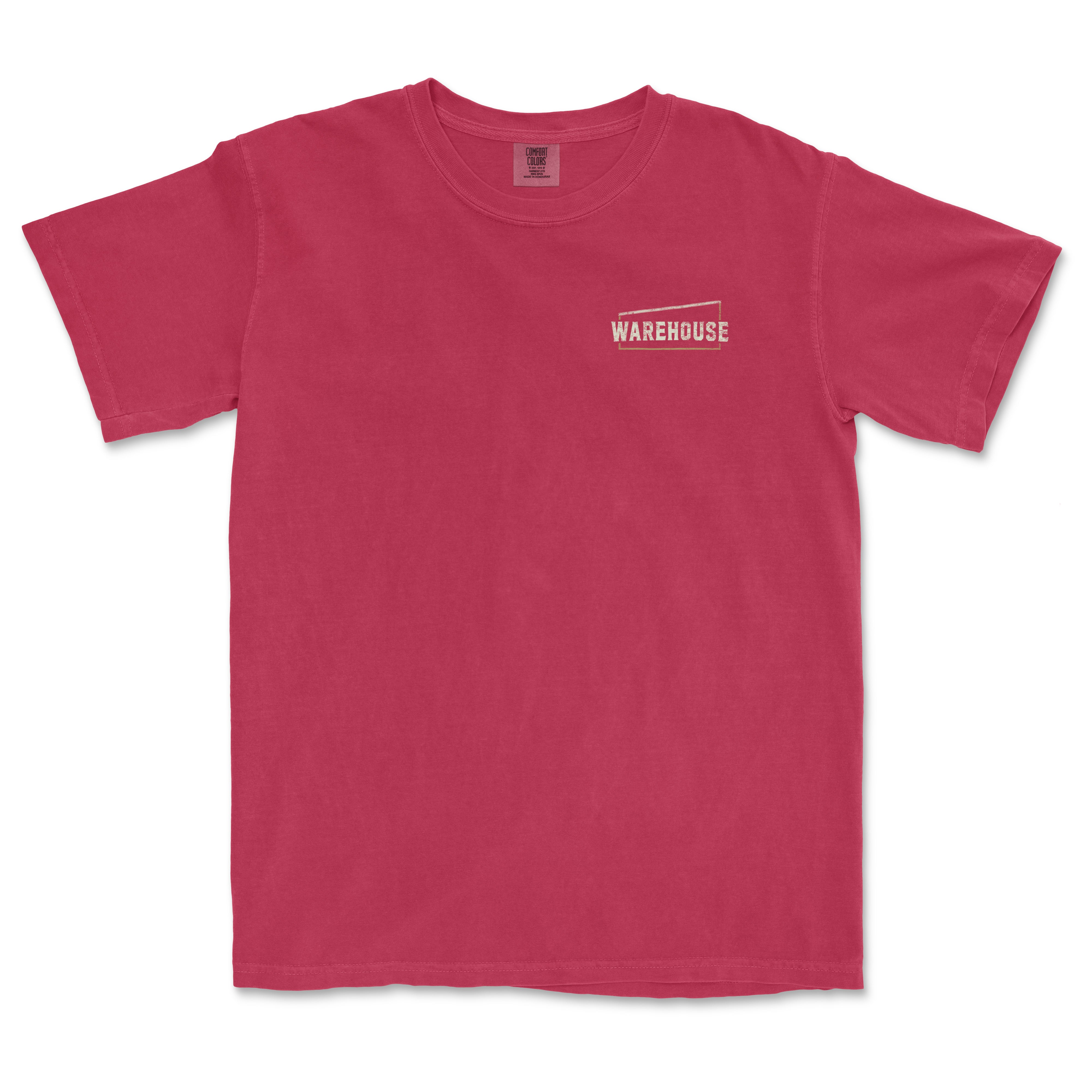 Red Warehouse Athletic Club T-shirt with "Warehouse" logo on the chest, short sleeves, and crew neckline.
