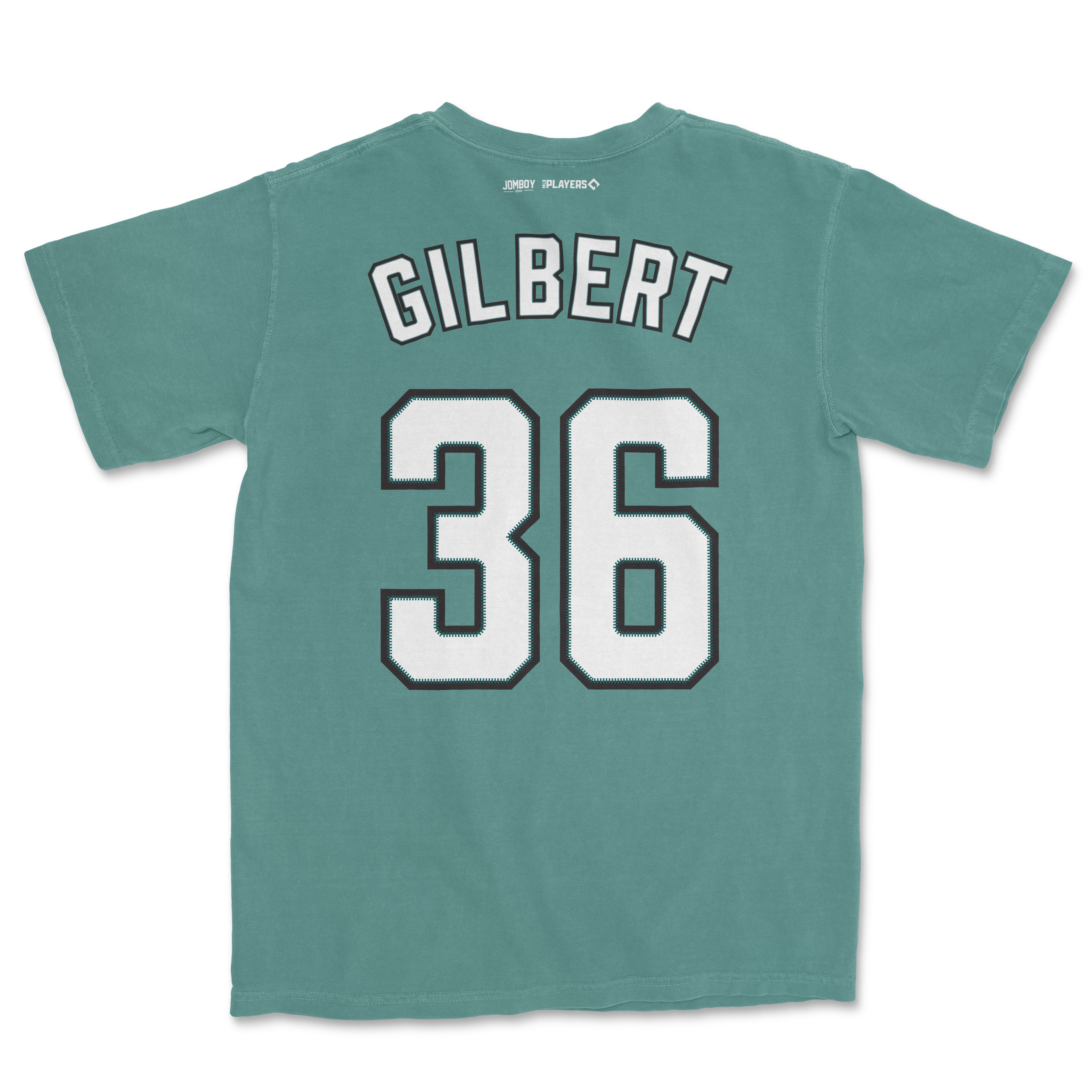 Back of a teal Comfort Colors tee featuring "Gilbert" and the number "36" in bold white and black lettering.