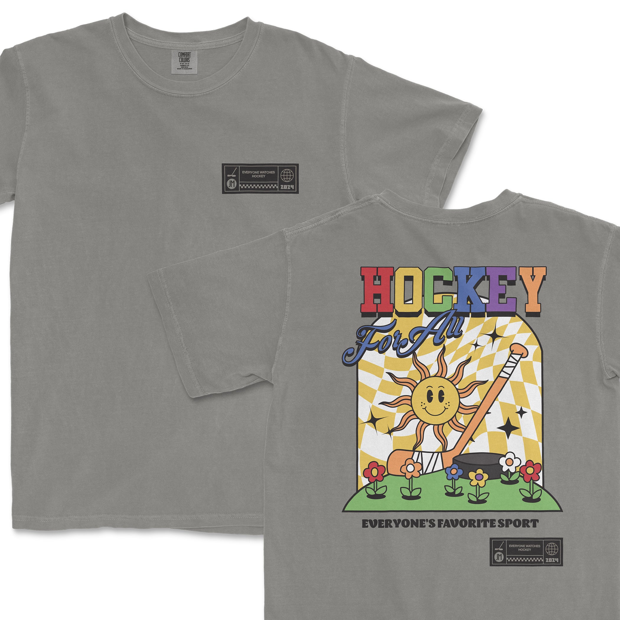 Gray Comfort Colors T-shirt with colorful "Hockey for All" graphic featuring a smiling sun, flowers, and hockey stick design.