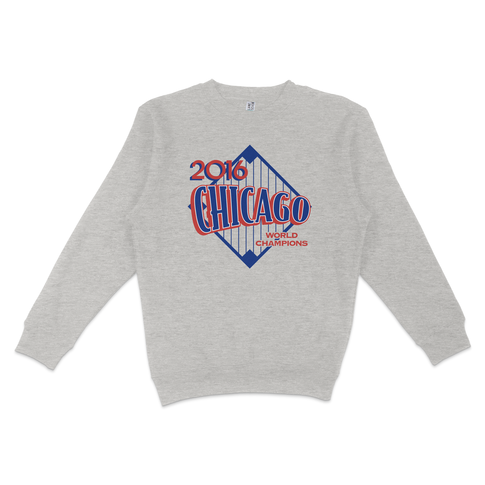 Gray crewneck sweatshirt featuring a 2016 Chicago World Champions graphic with a blue and red design and a bridge illustration.