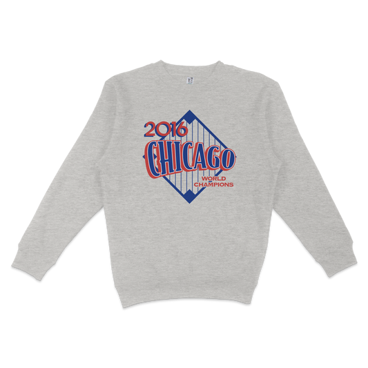 Gray crewneck sweatshirt featuring a 2016 Chicago World Champions graphic with a blue and red design and a bridge illustration.
