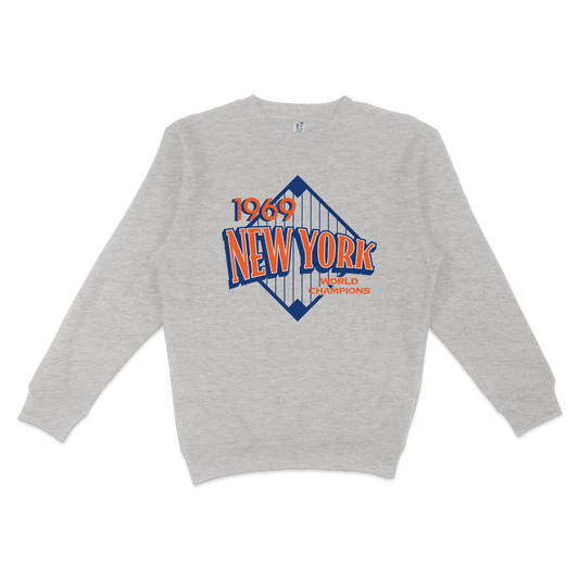 Gray crewneck sweatshirt featuring a vintage New York City graphic with "1969" and "World Champions" text.