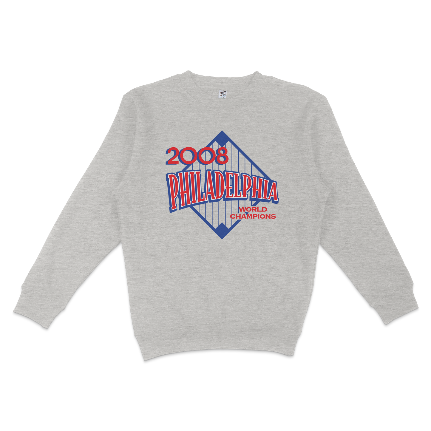 Gray crewneck sweatshirt featuring a 2008 Philadelphia World Champions graphic with a bridge design in blue and red text.