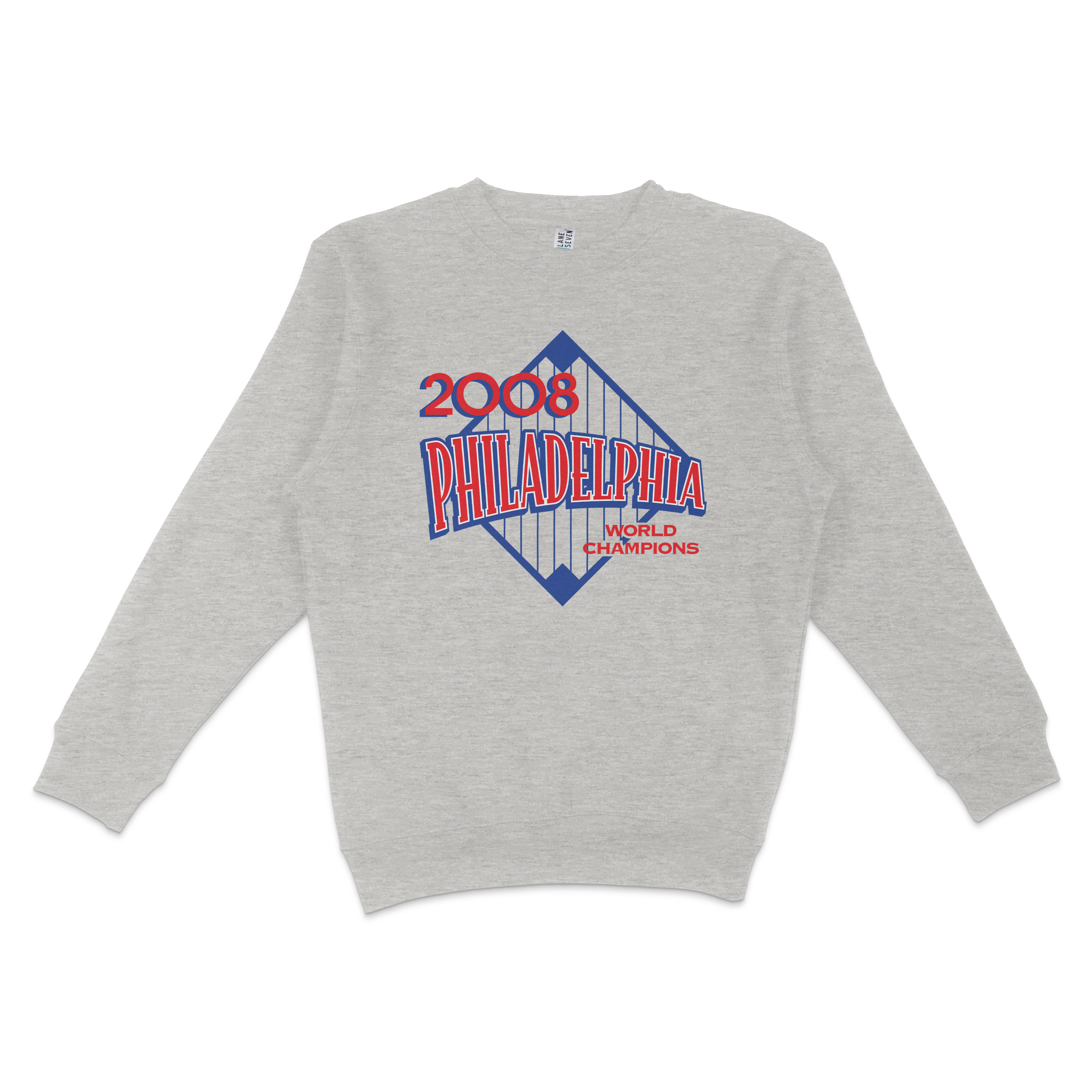 Gray crewneck sweatshirt featuring a 2008 Philadelphia World Champions graphic with a bridge design in blue and red text.