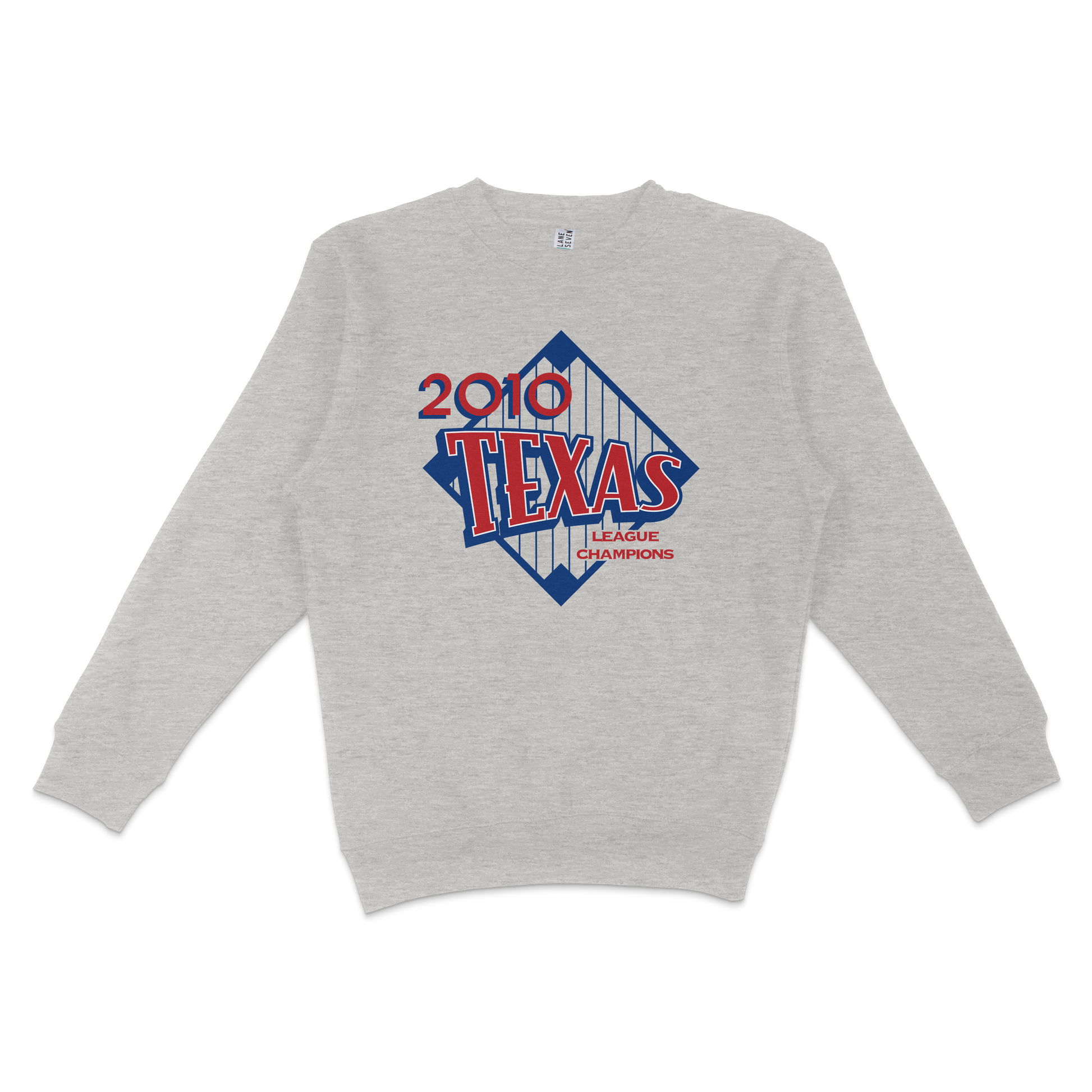 Gray crewneck sweatshirt featuring a 2010 Texas league champions graphic with red, blue, and white design elements.