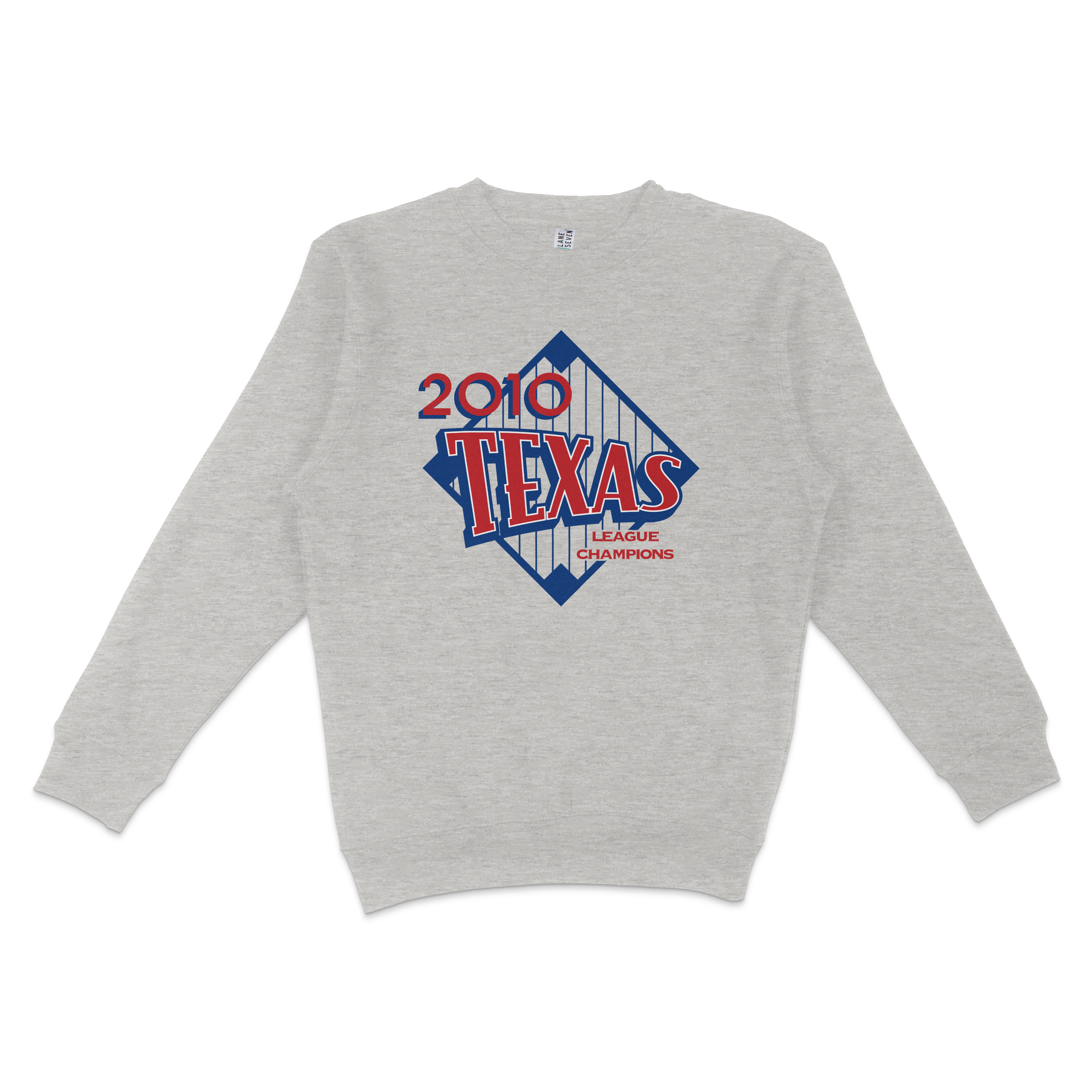 Gray crewneck sweatshirt featuring a 2010 Texas league champions graphic with red, blue, and white design elements.