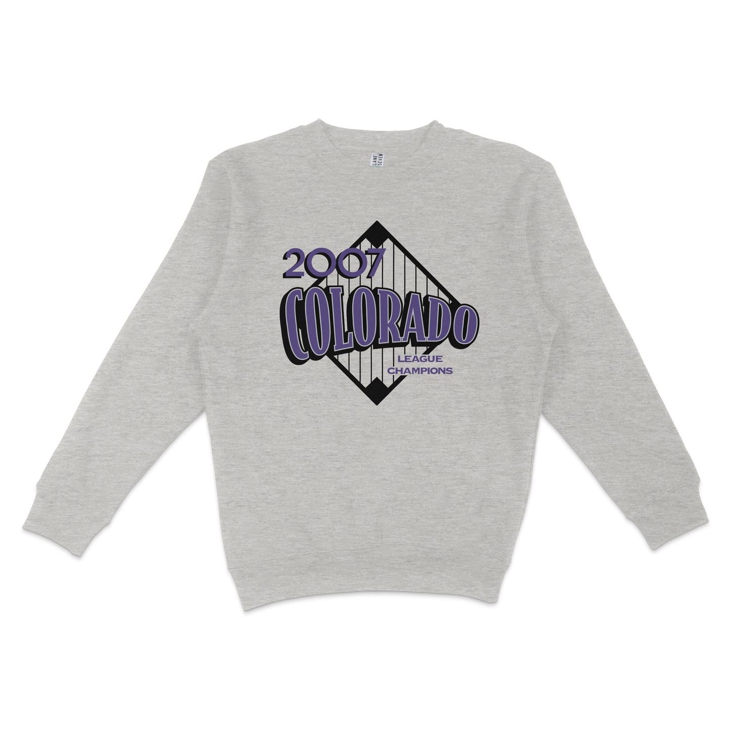 Gray crewneck sweatshirt featuring a vintage-style Colorado 2007 league champions graphic with purple and black text and design.