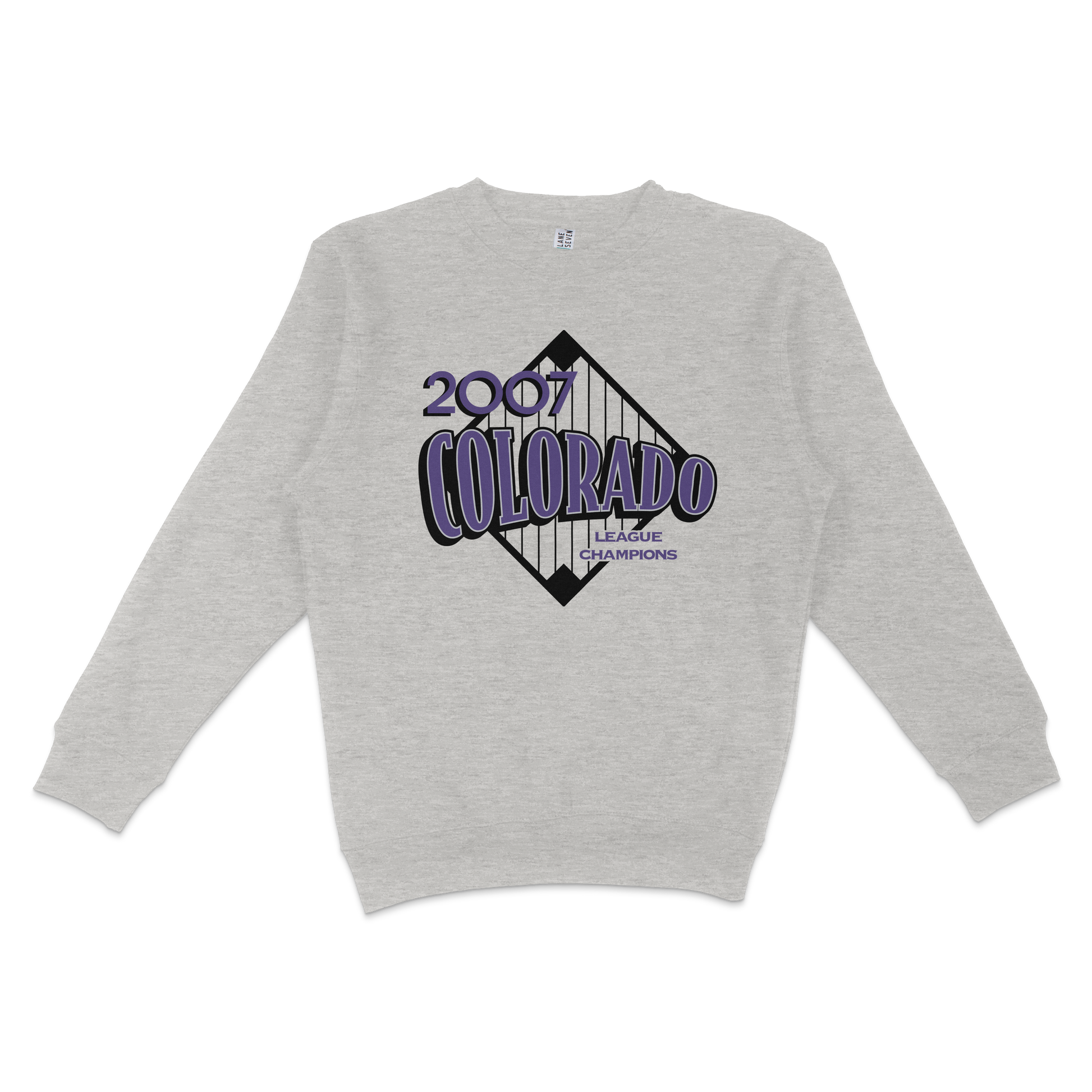 Gray crewneck sweatshirt featuring a vintage-style Colorado 2007 league champions graphic with purple and black text and design.