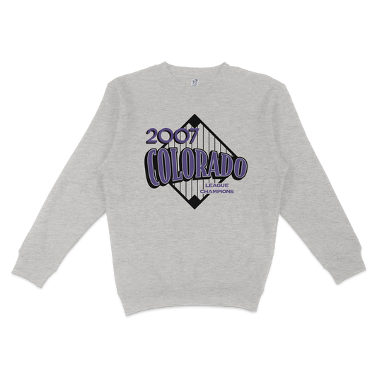 Gray crewneck sweatshirt featuring a vintage-style Colorado 2007 league champions graphic with purple and black text and design.