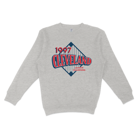 Gray crewneck sweatshirt featuring a vintage Cleveland Cavaliers design with "1997" and "League Champions" text.