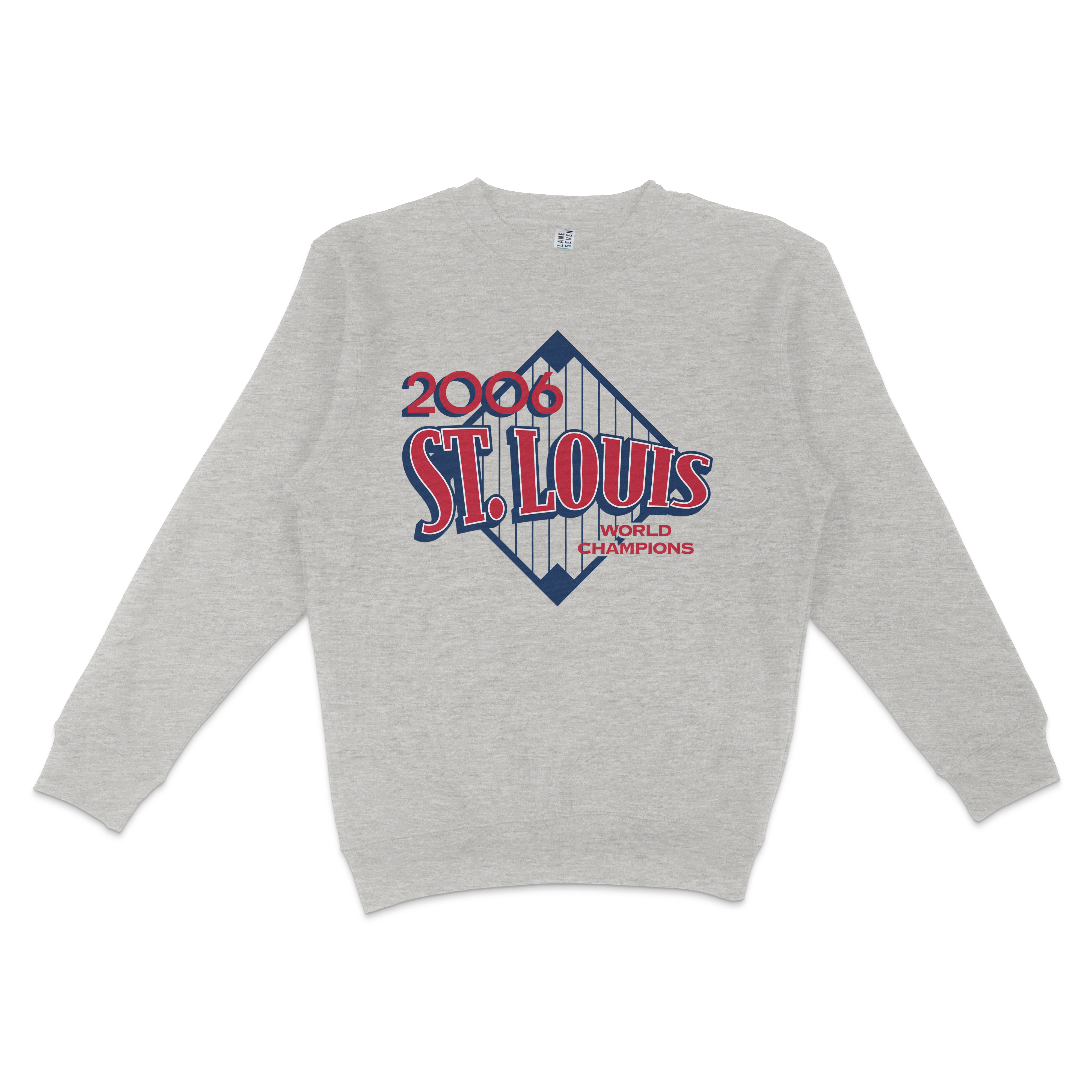Gray crewneck sweatshirt featuring a vintage St. Louis 2006 World Champions logo with red, white, and blue design elements.
