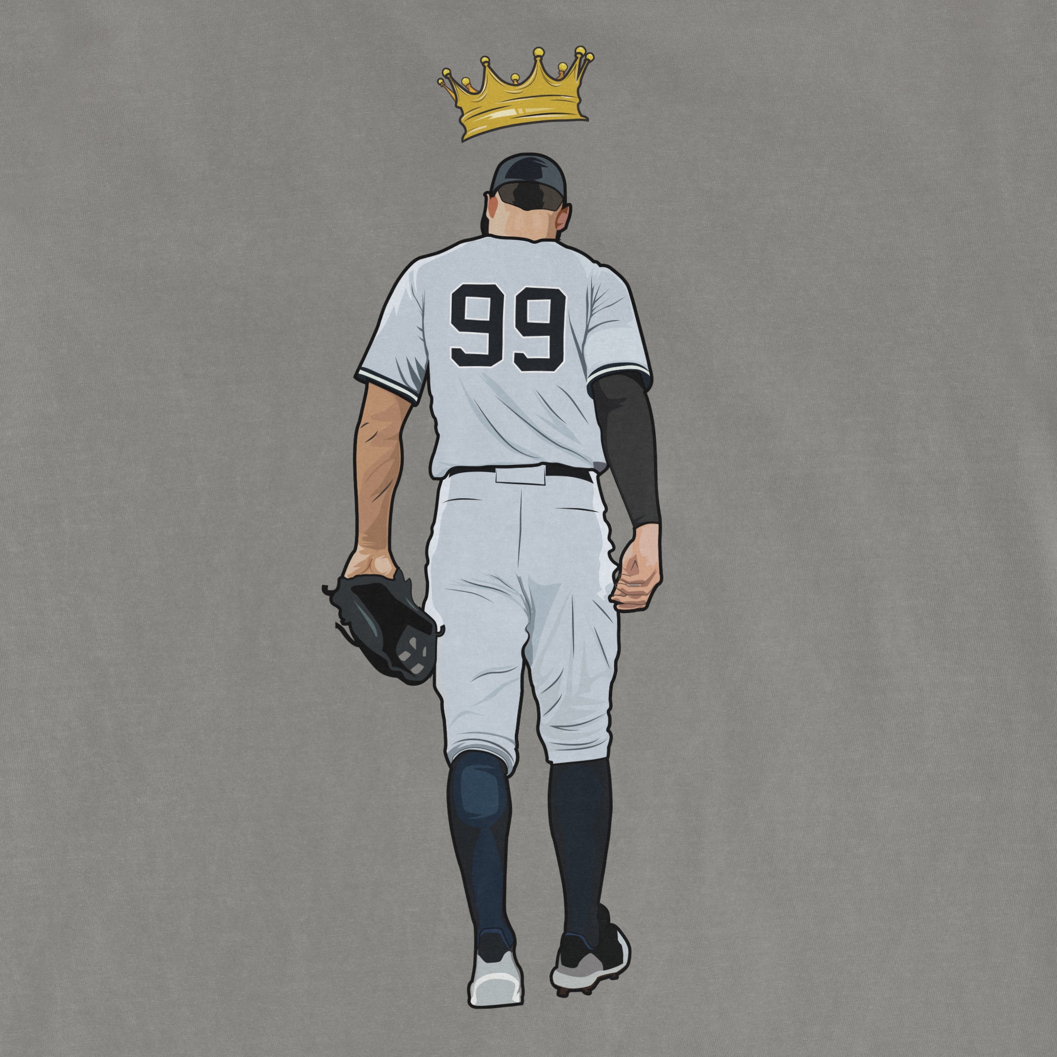 Illustration of a baseball player in a white uniform with the number 99, holding a helmet, with a gold crown above his head.