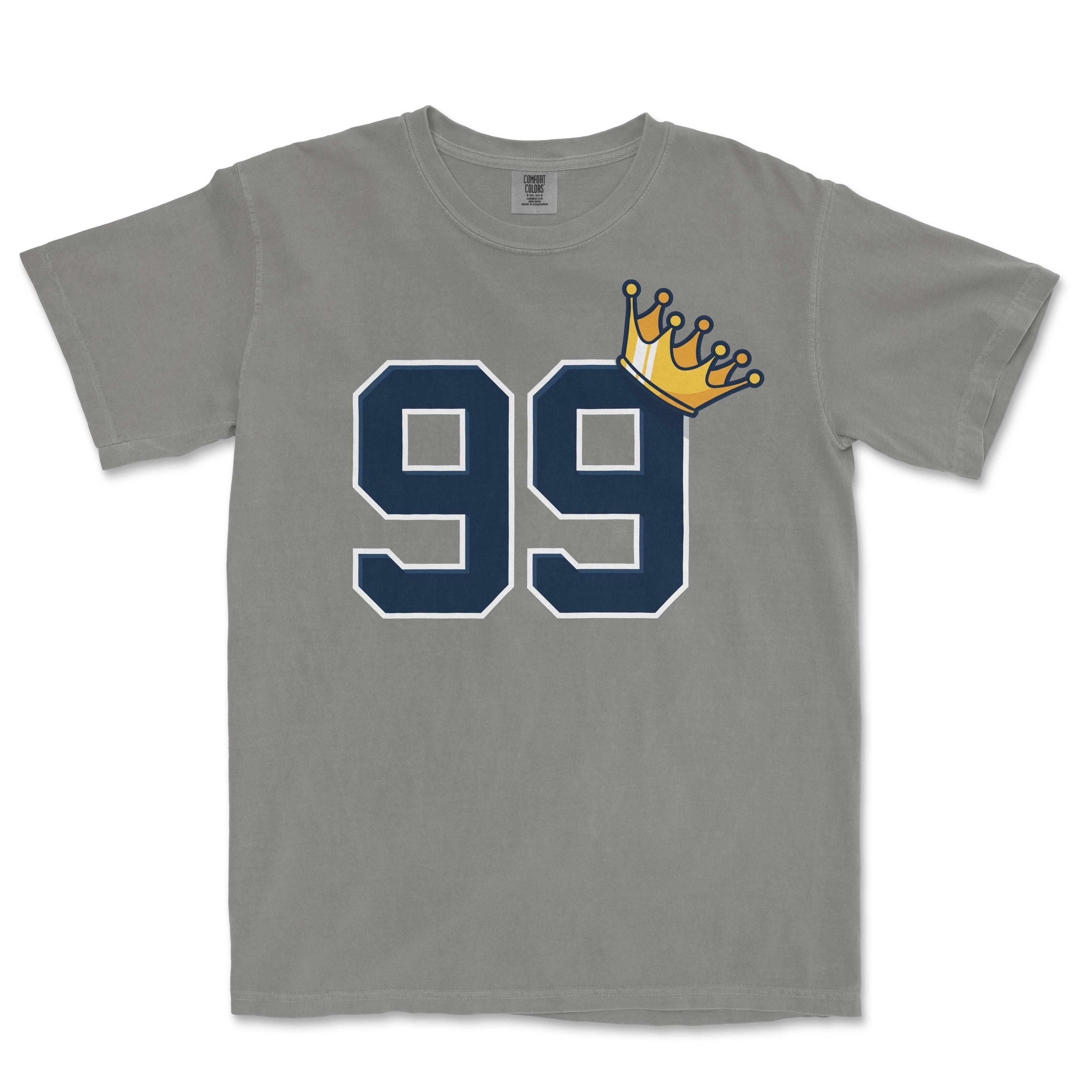 Gray Comfort Colors T-shirt featuring large navy "99" numbers with white outline and a gold crown graphic on the upper right of the numbers.