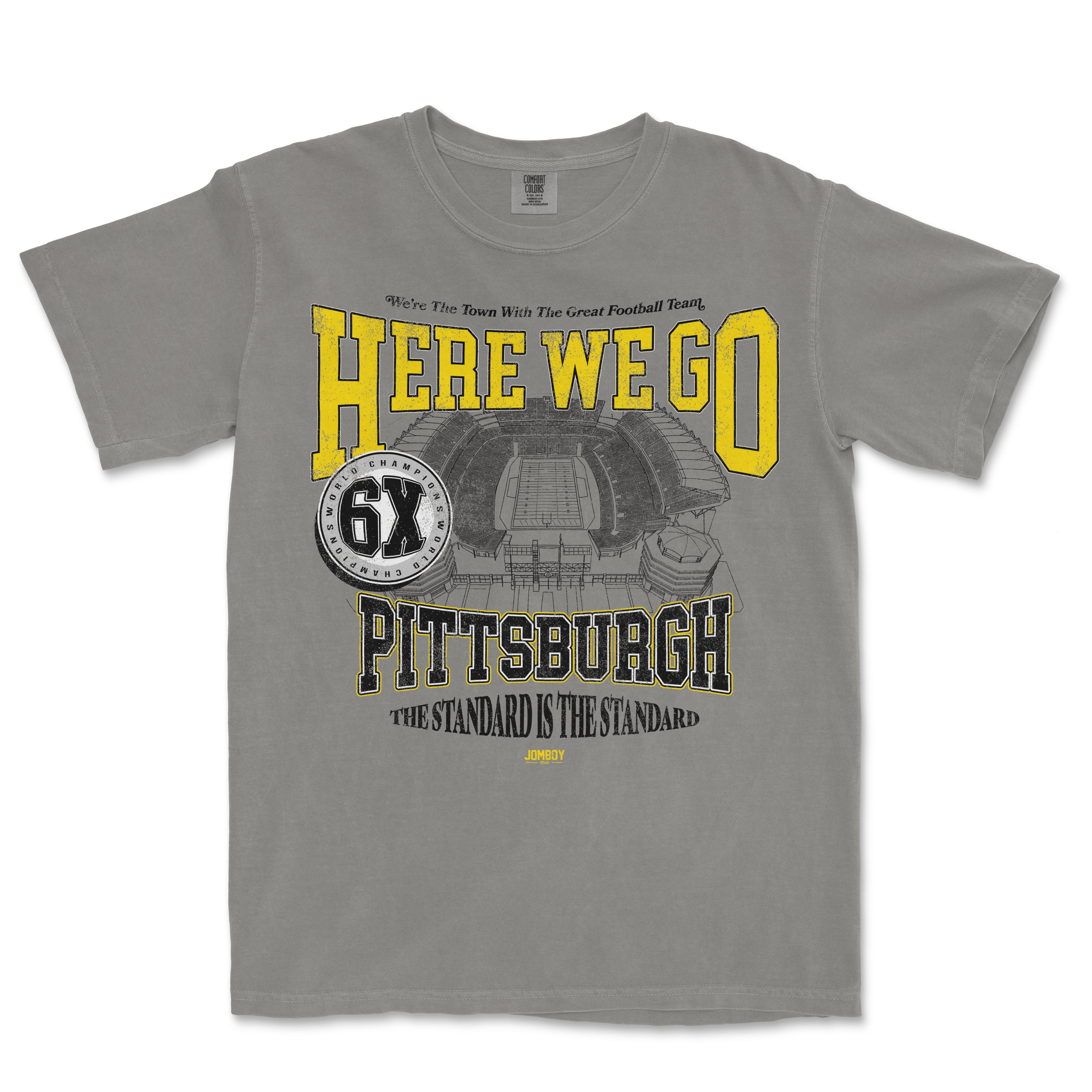 Gray T-shirt featuring bold yellow and black text, a stadium graphic, and phrases celebrating Pittsburgh's football team.